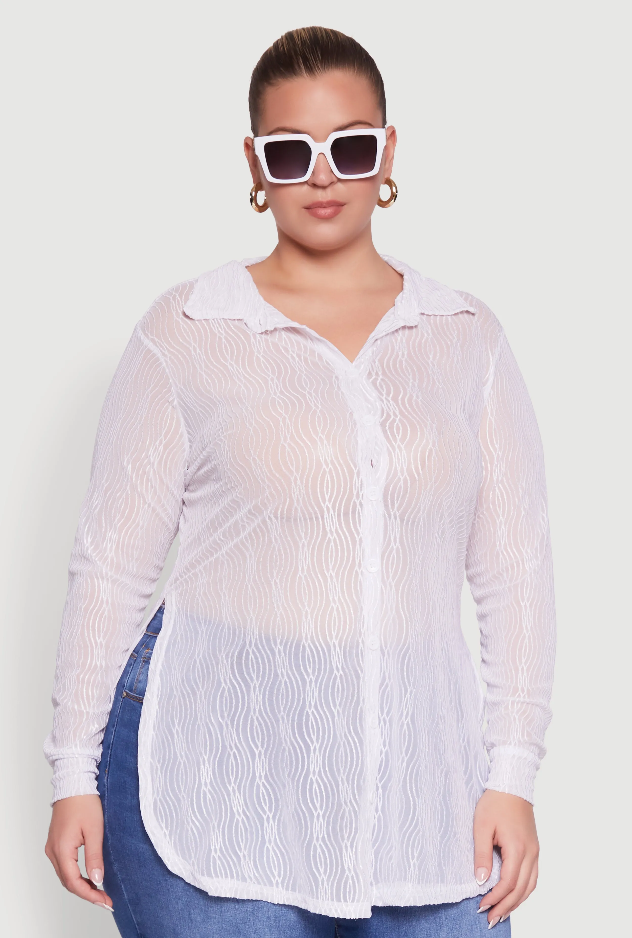 Plus Size Sheer Classic Fit Long Sleeve Tunic Shirt sold by Rainbow product image thumbnail 2