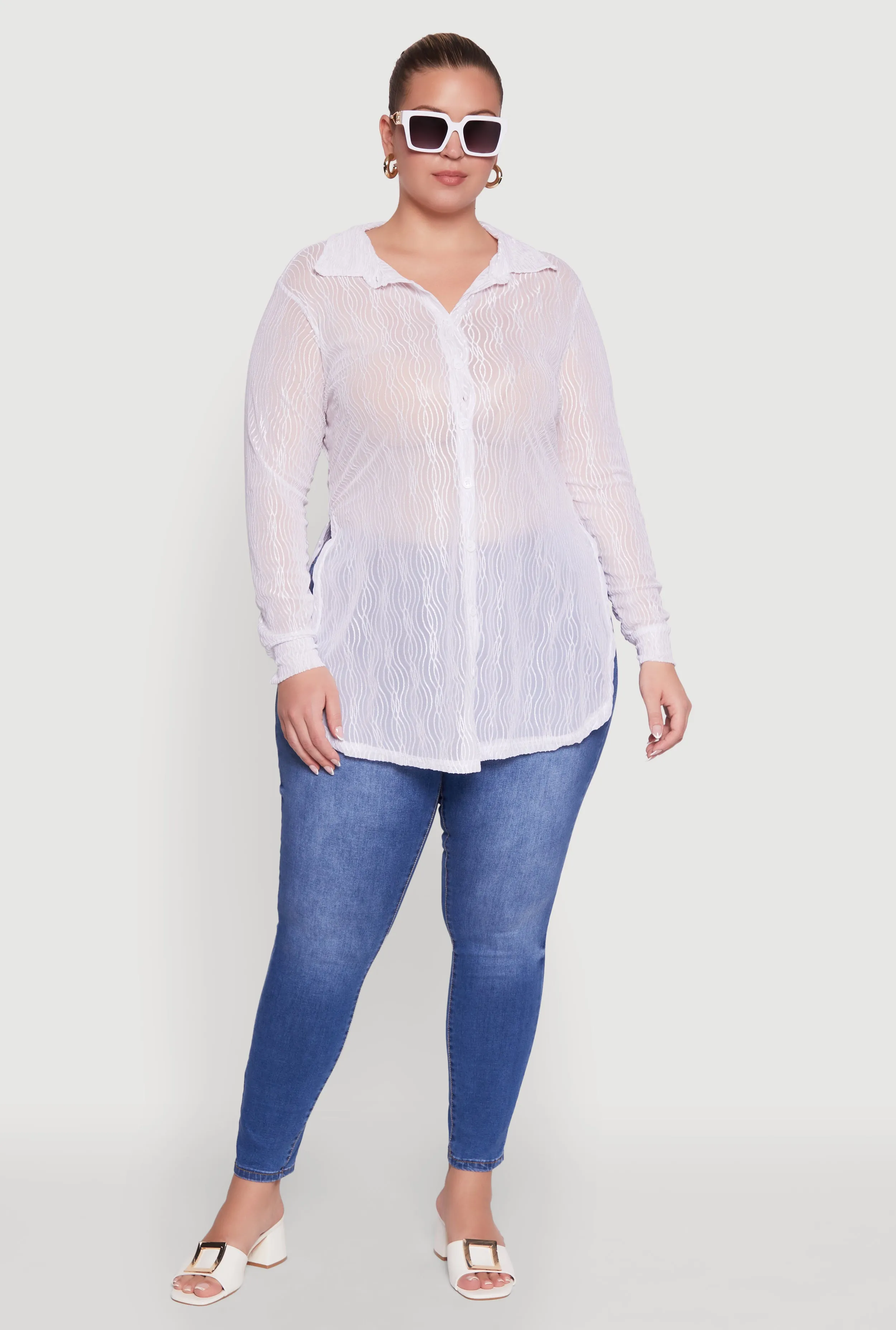 Plus Size Sheer Classic Fit Long Sleeve Tunic Shirt sold by Rainbow