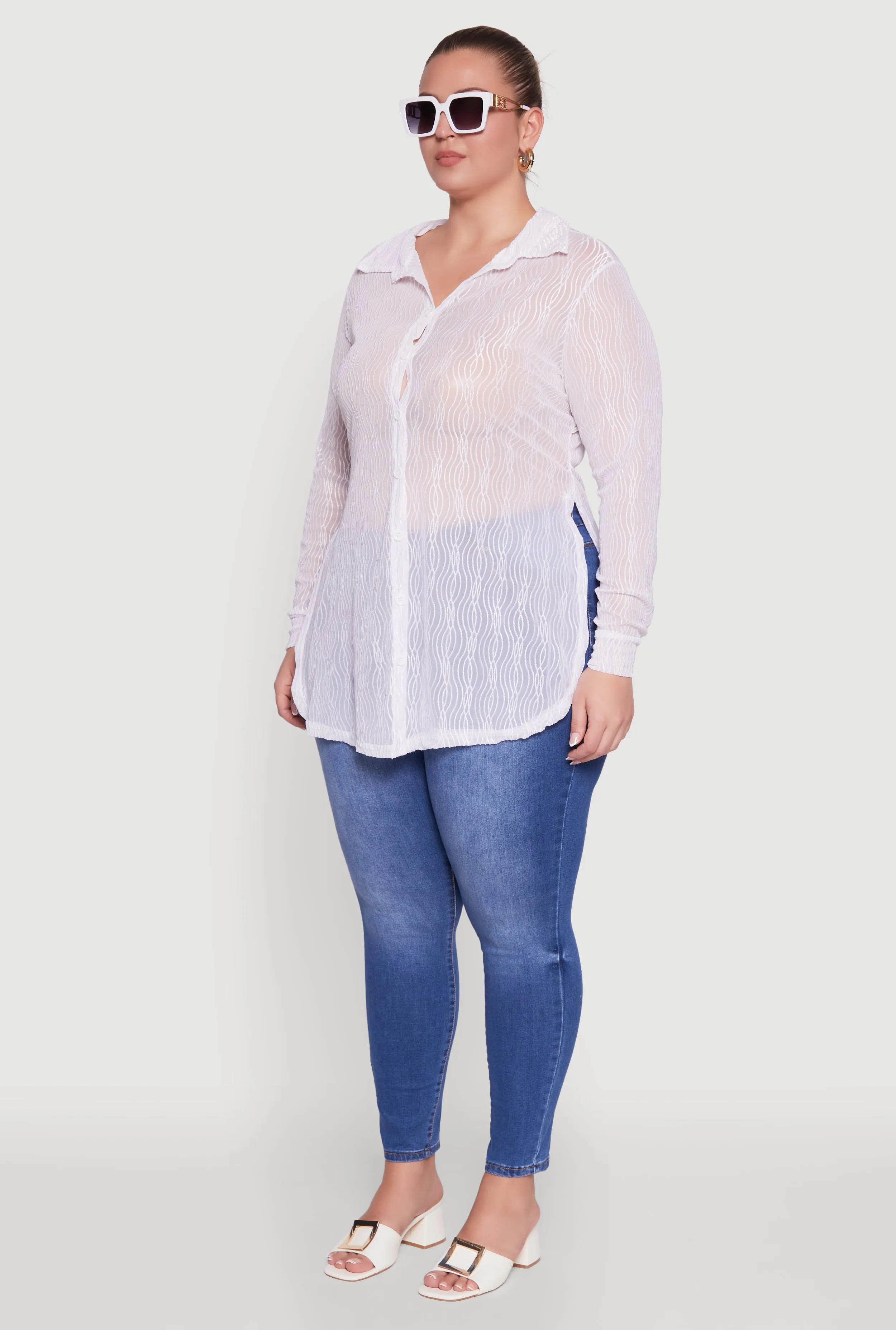 Plus Size Sheer Classic Fit Long Sleeve Tunic Shirt sold by Rainbow product image thumbnail 5
