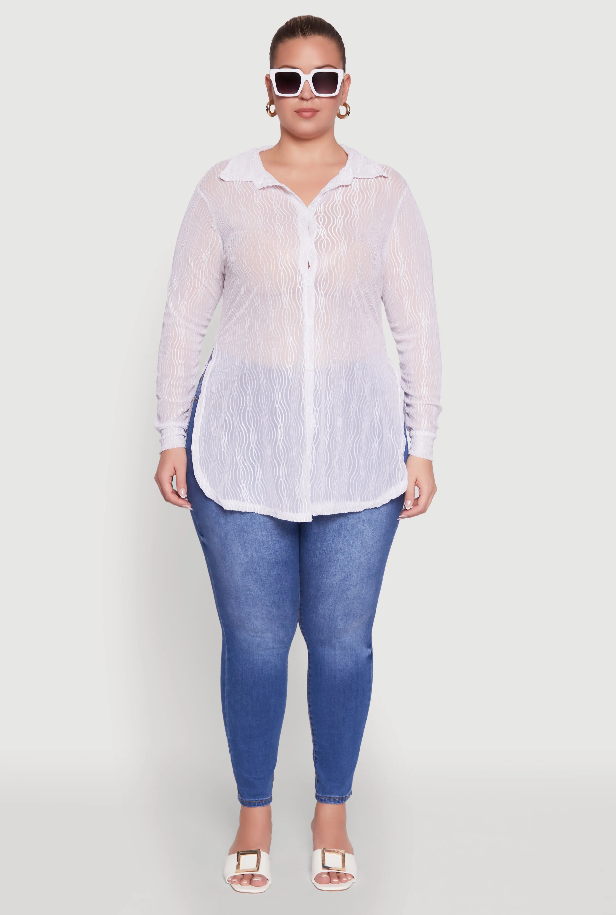 Plus Size Sheer Classic Fit Long Sleeve Tunic Shirt sold by Rainbow product image thumbnail 3