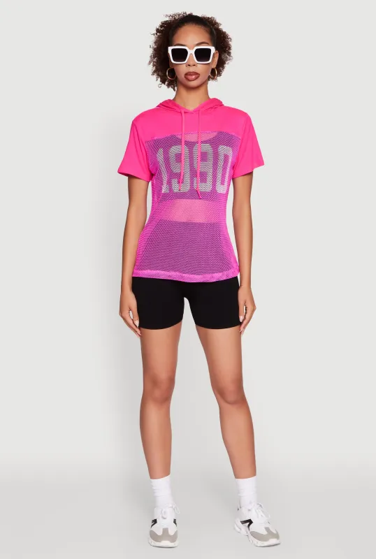 Fishnet 1990 Graphic Hooded Short Sleeve Top sold by Rainbow
