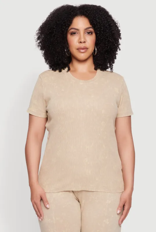 Plus Size Rib Knit Acid Wash Crew Neck Tee sold by Rainbow