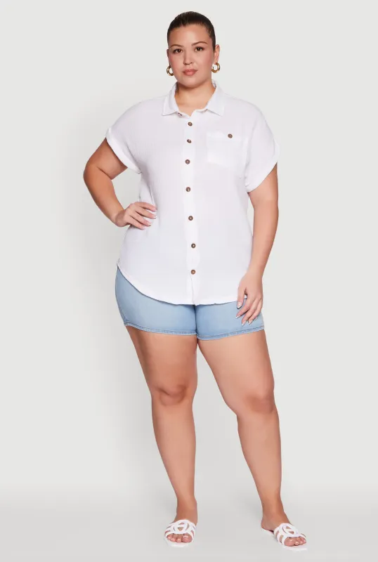 Plus Size Dolman Sleeve Classic Button Front Shirt sold by Rainbow