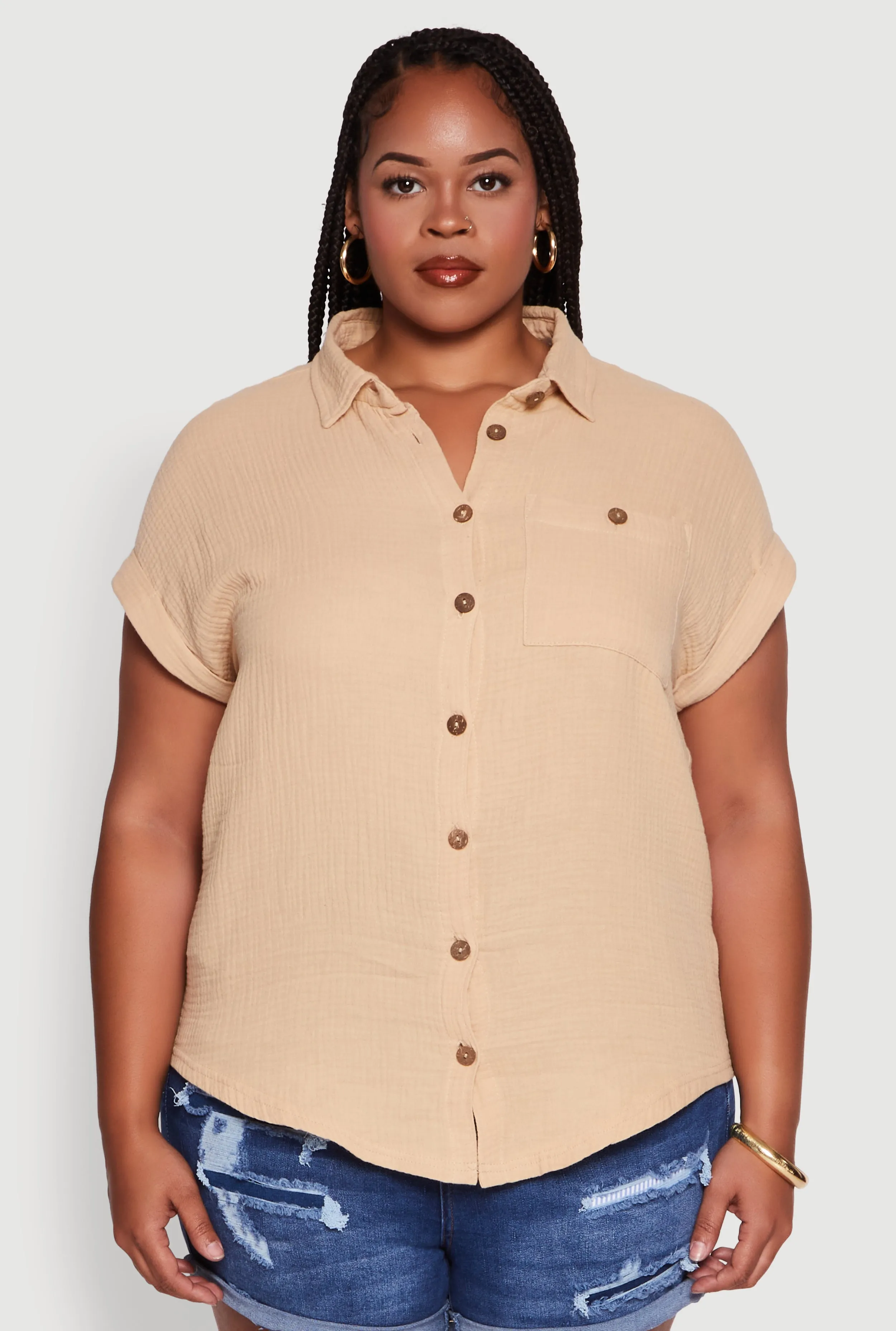 Plus Size Dolman Sleeve Classic Button Front Shirt sold by Rainbow product image thumbnail 2