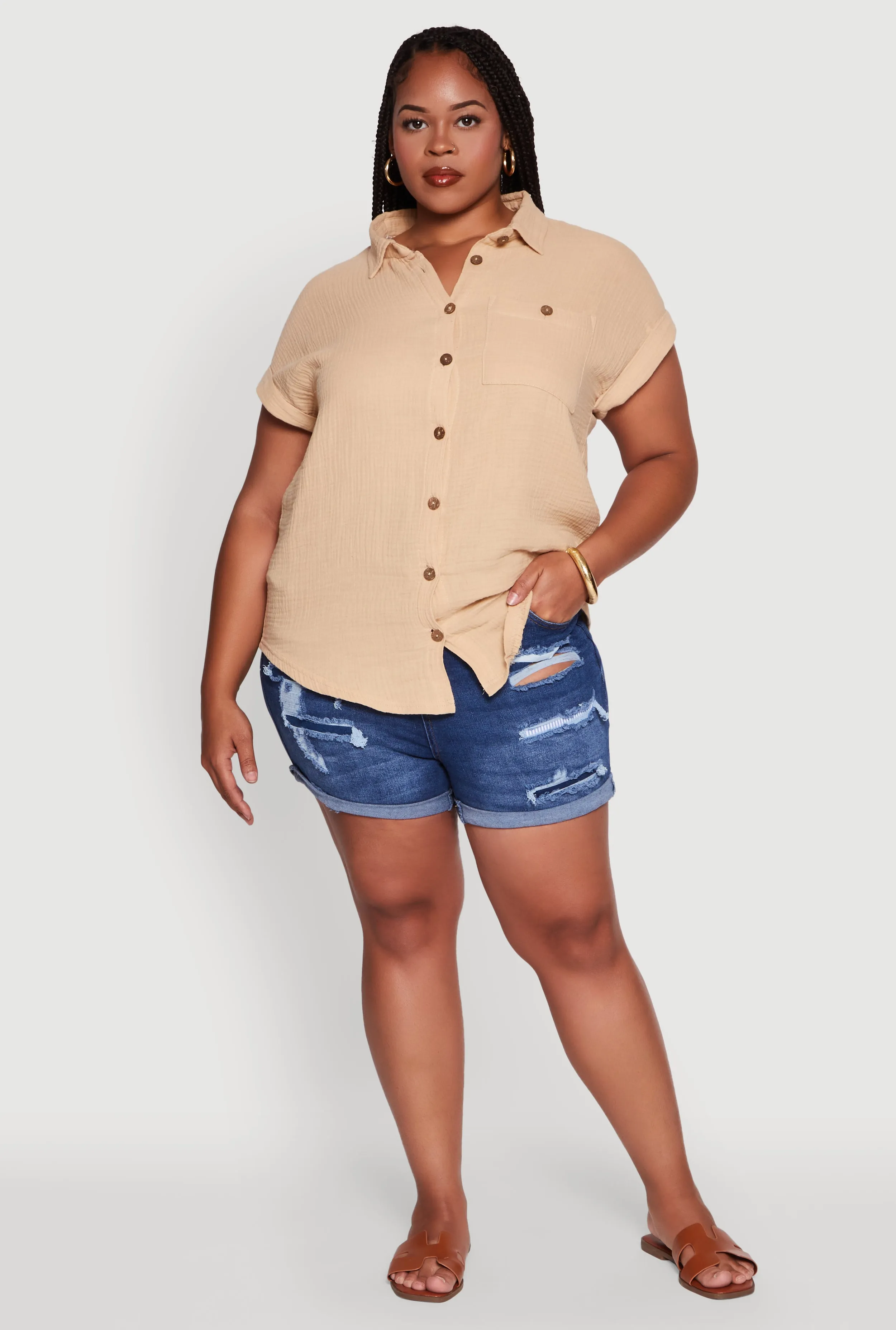 Plus Size Dolman Sleeve Classic Button Front Shirt sold by Rainbow