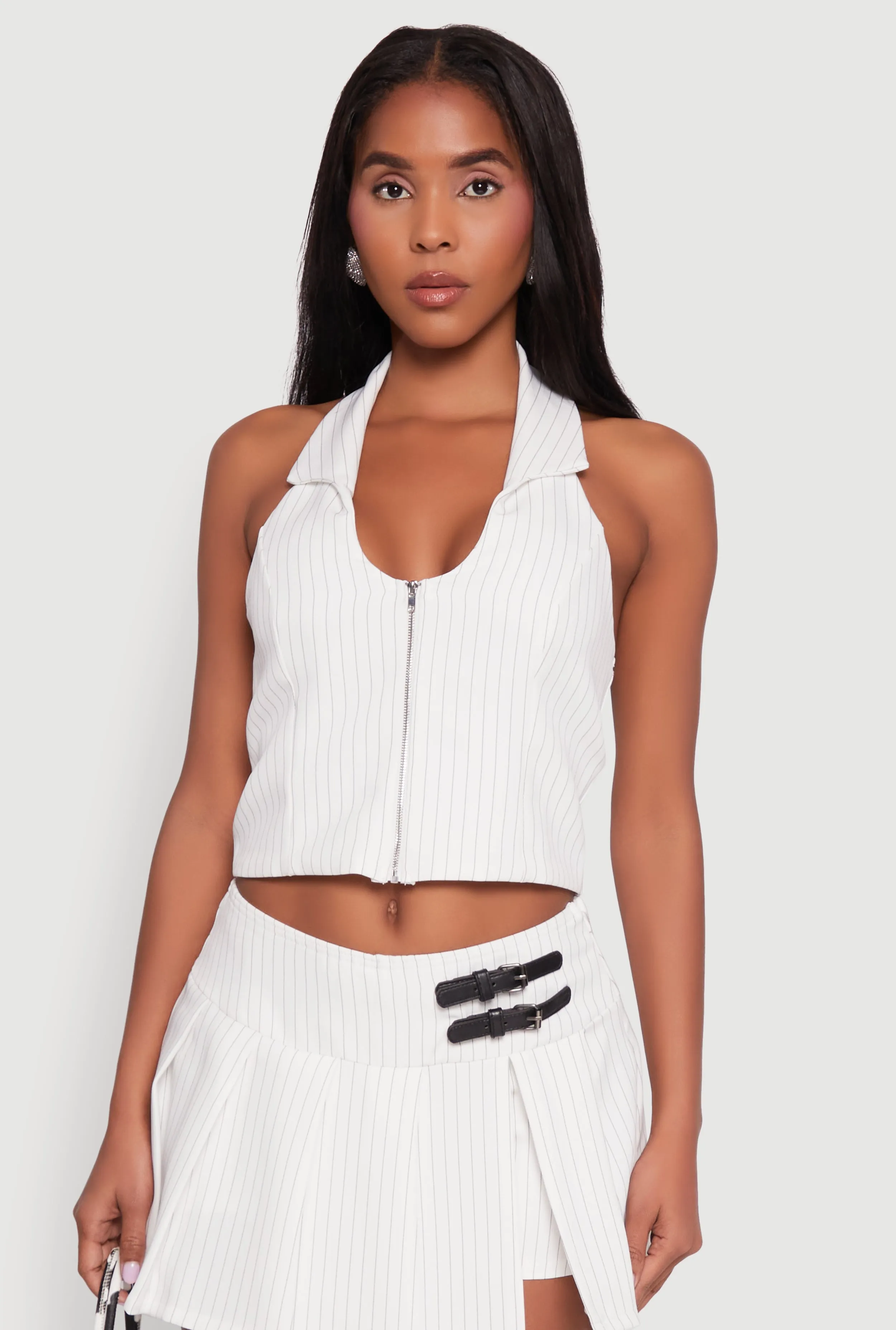 Iris Pinstripe Zip Front Collared Halter Top sold by Rainbow