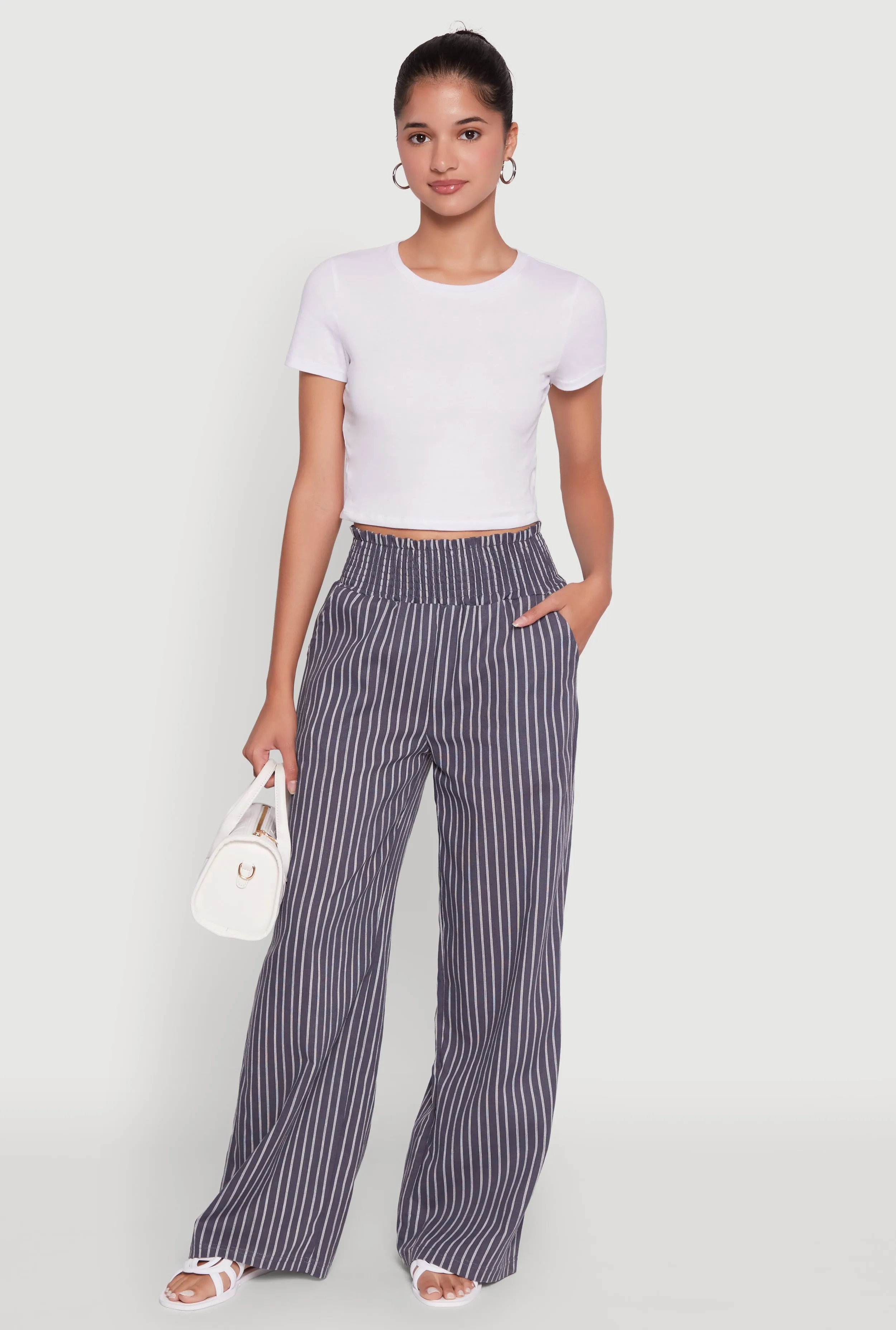 Trendy Linen Striped Smocked Waist Wide Leg Pants sold by Rainbow