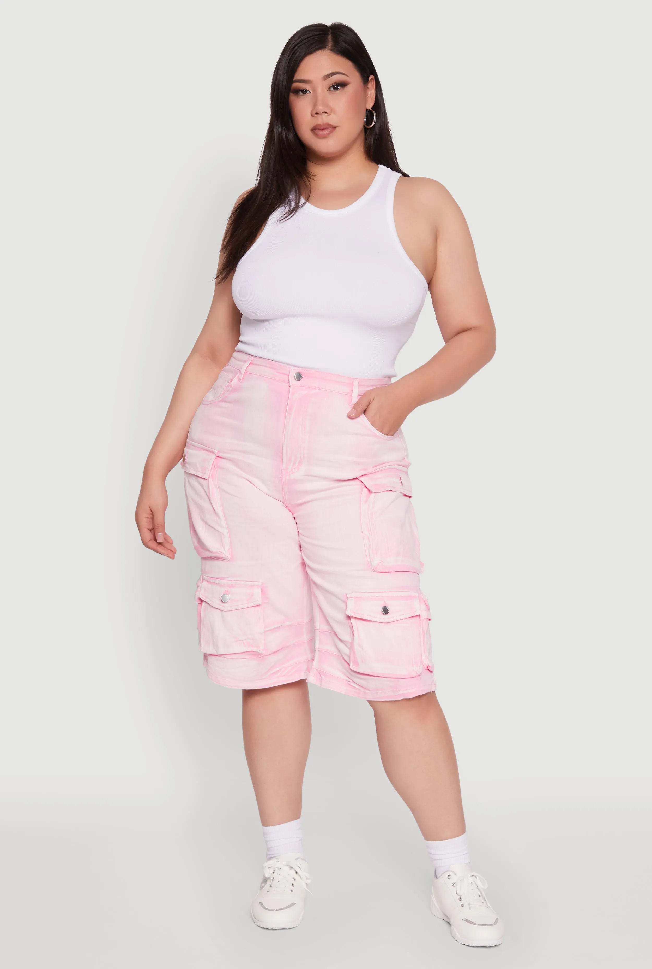 Plus Size Daisy High Waisted Acid Wash Cargo Denim Shorts sold by Rainbow