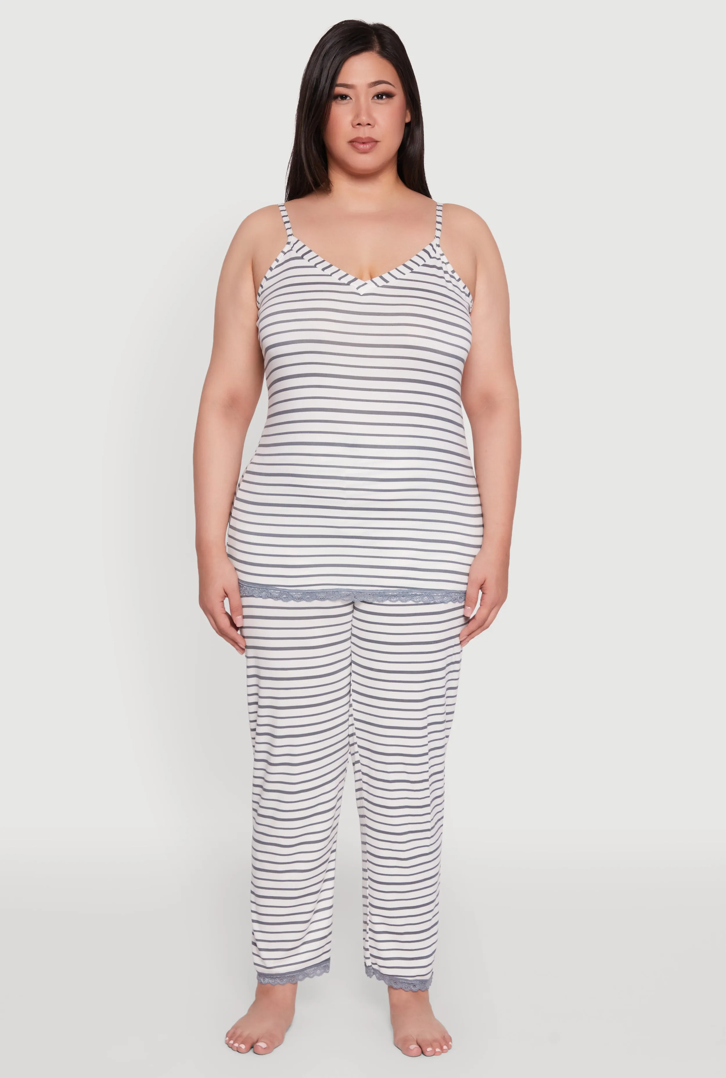 Plus Size Striped Lace Detail Cami Pajama Top and Pants Set sold by Rainbow product image thumbnail 2