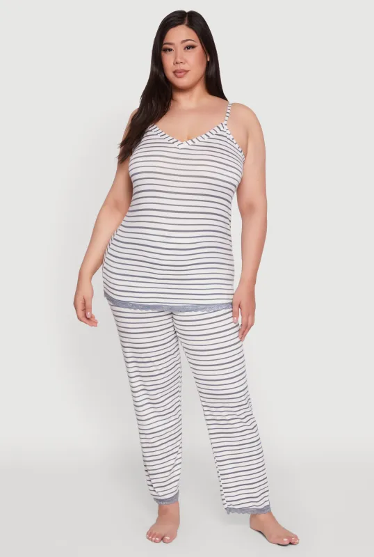 Plus Size Striped Lace Detail Cami Pajama Top and Pants Set sold by Rainbow