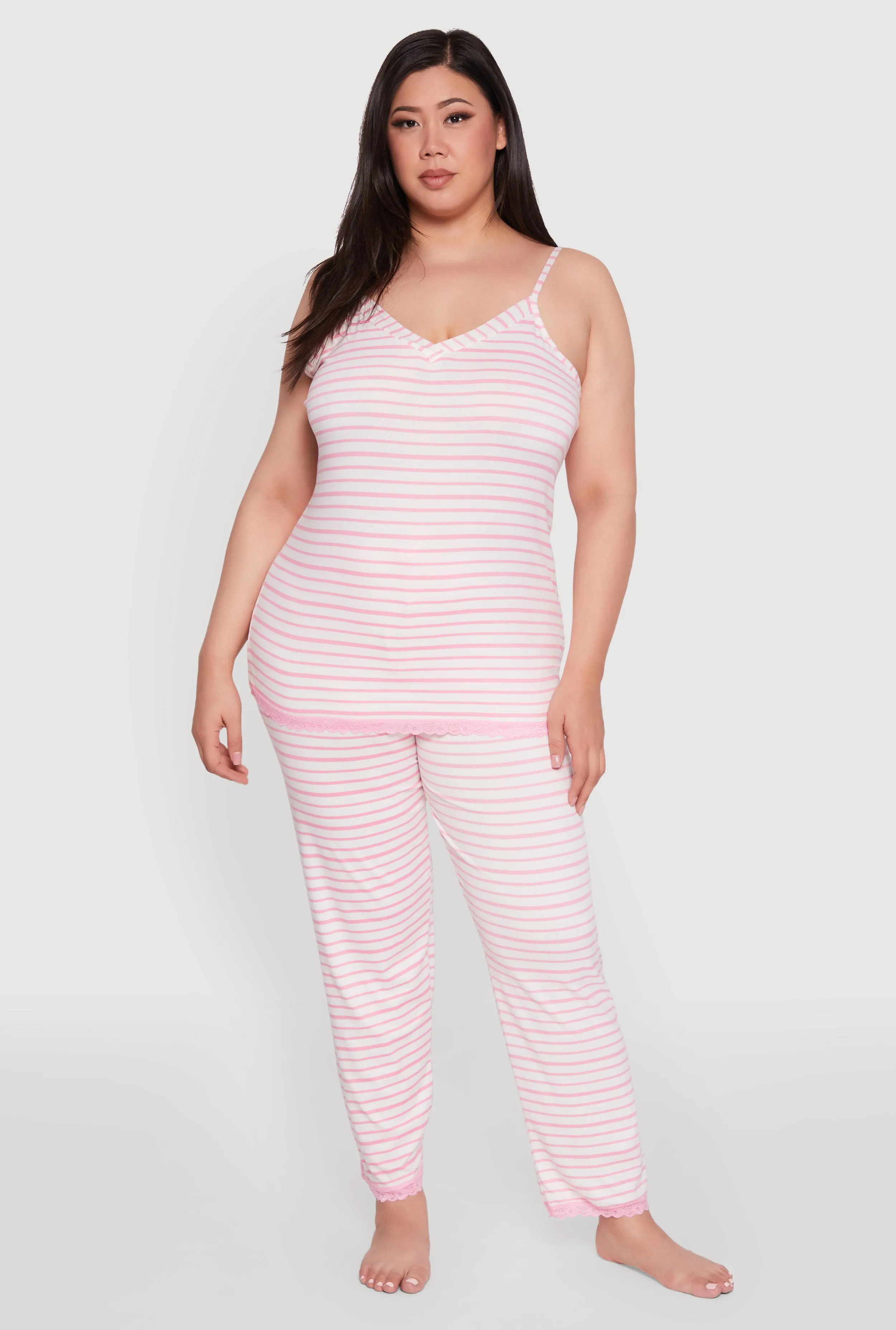 Plus Size Striped Lace Detail Cami Pajama Top and Pants Set sold by Rainbow