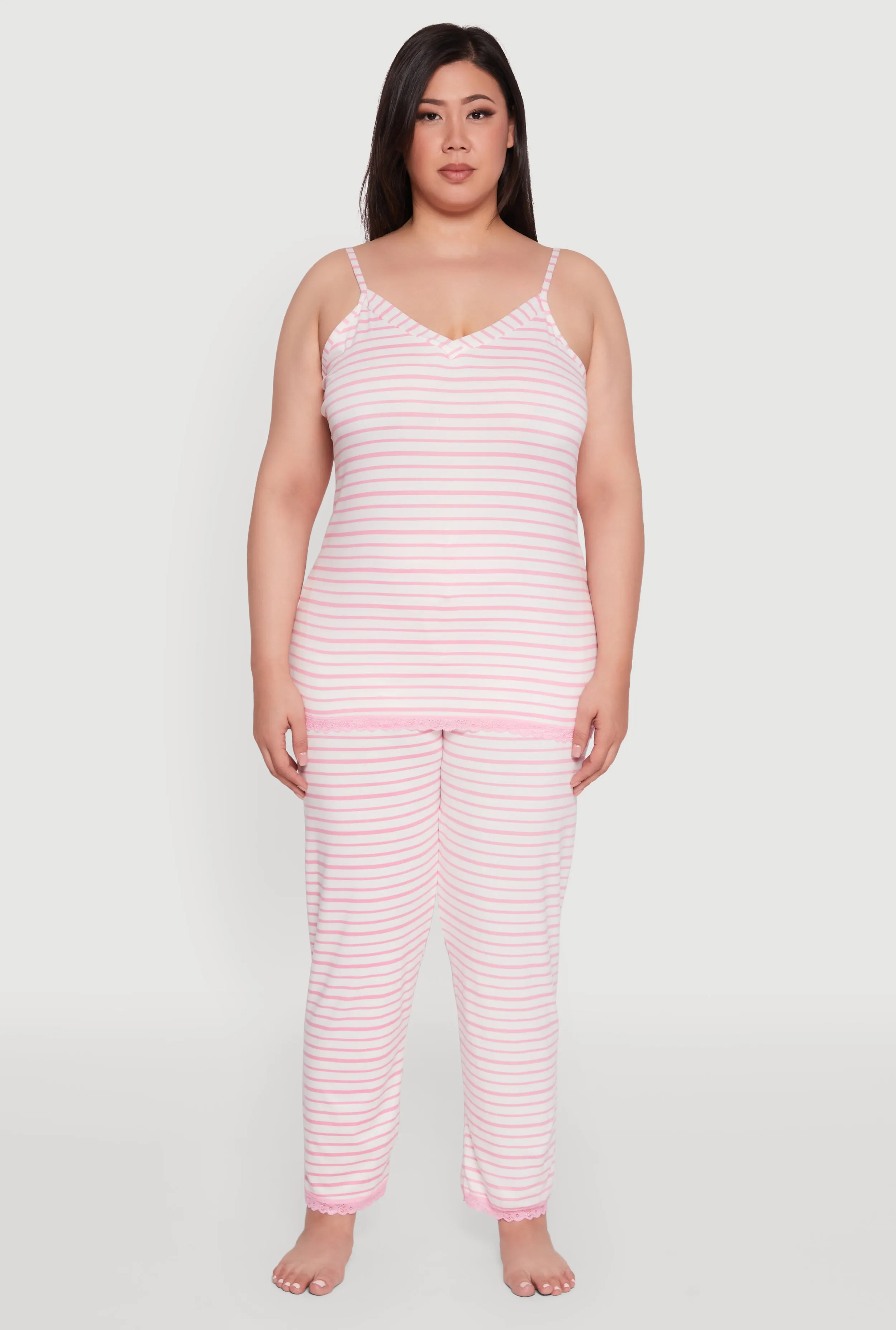 Plus Size Striped Lace Detail Cami Pajama Top and Pants Set sold by Rainbow product image thumbnail 2