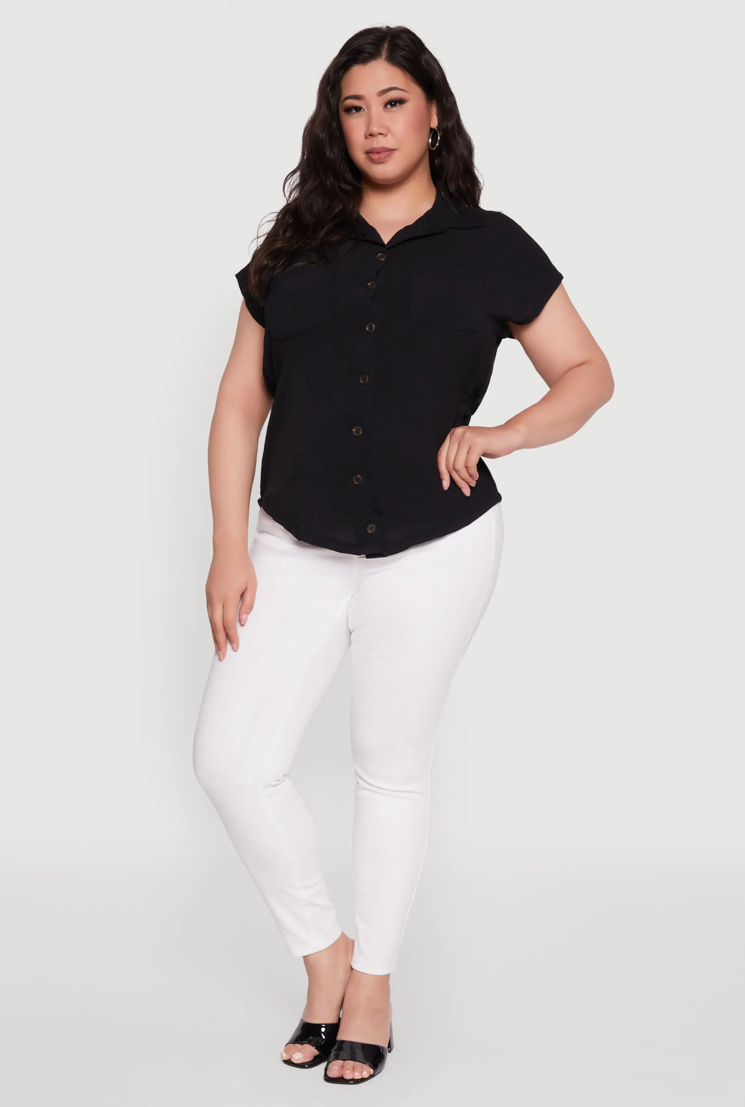 Plus Size Crepe Knit Smocked Side Detail Shirt sold by Rainbow