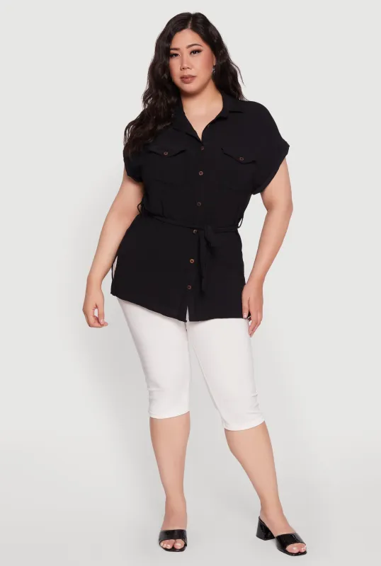 Plus Size Classic Fit Crepe Knit Tie Waist Tunic Shirt sold by Rainbow