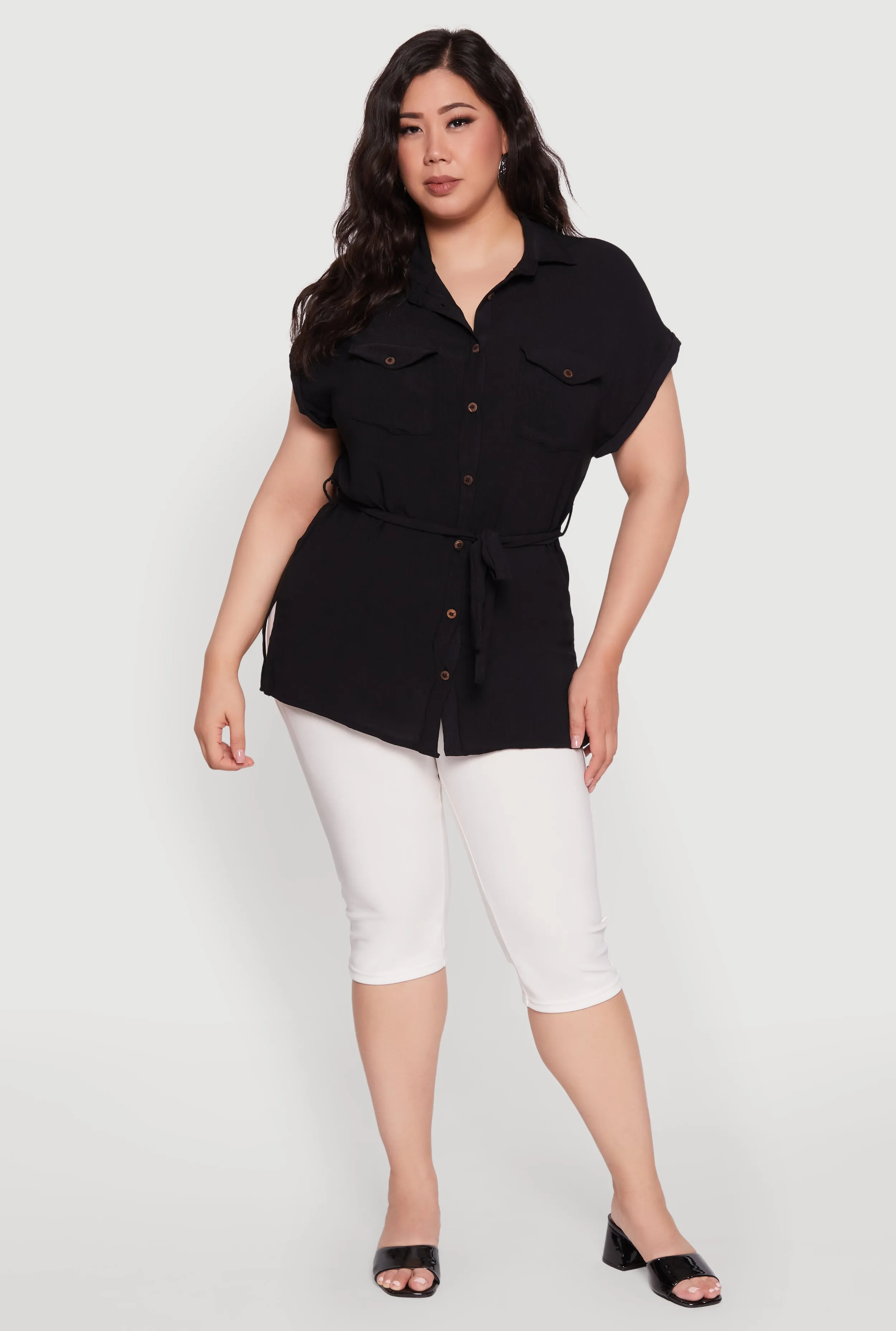 Plus Size Classic Fit Crepe Knit Tie Waist Tunic Shirt sold by Rainbow