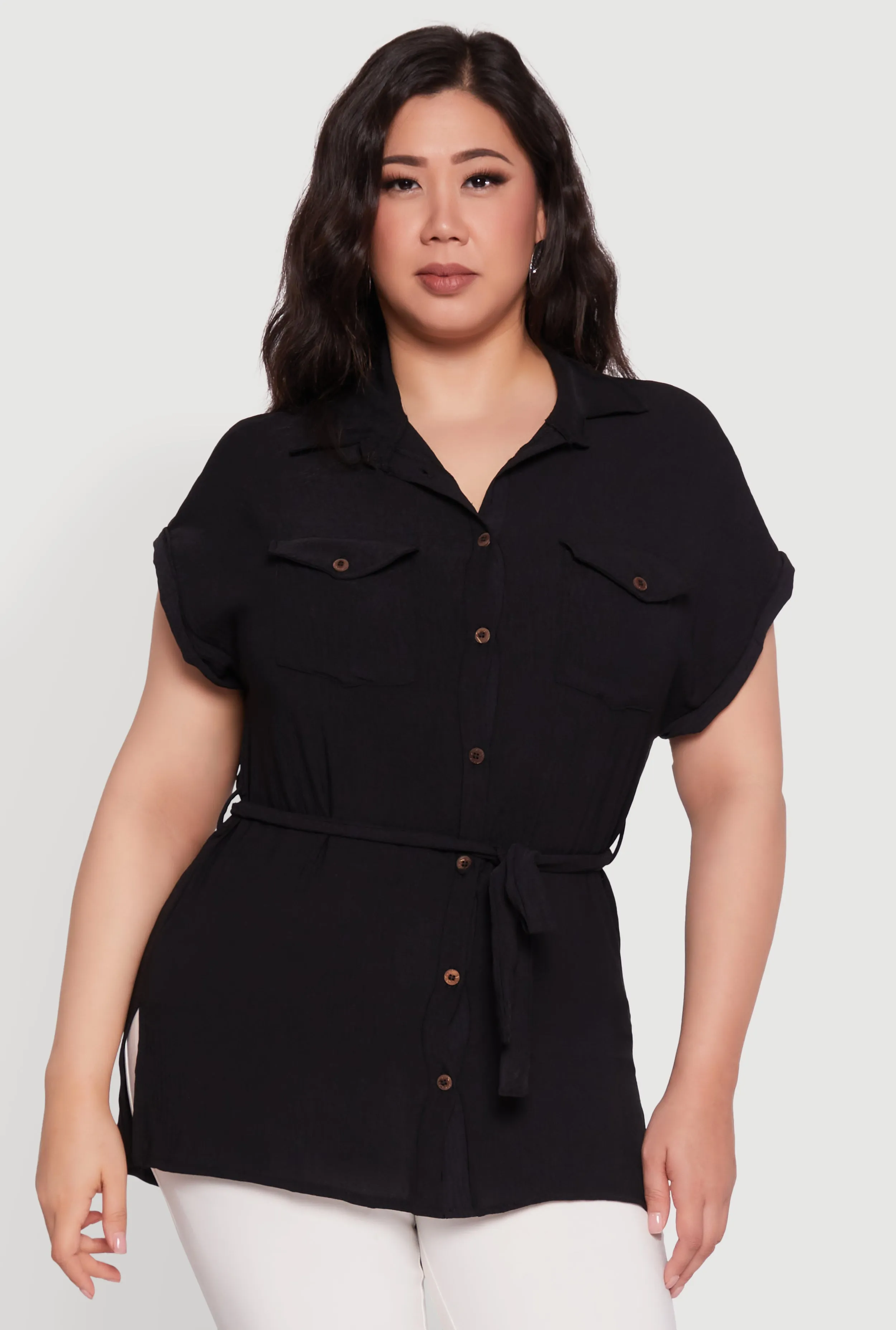 Plus Size Classic Fit Crepe Knit Tie Waist Tunic Shirt sold by Rainbow product image thumbnail 2