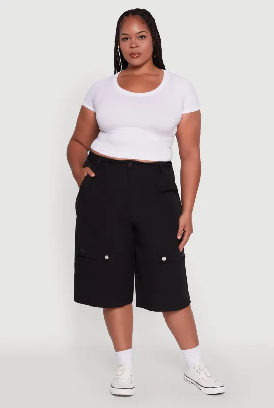 Plus Size High Waisted Solid Nylon Cargo Shorts sold by Rainbow