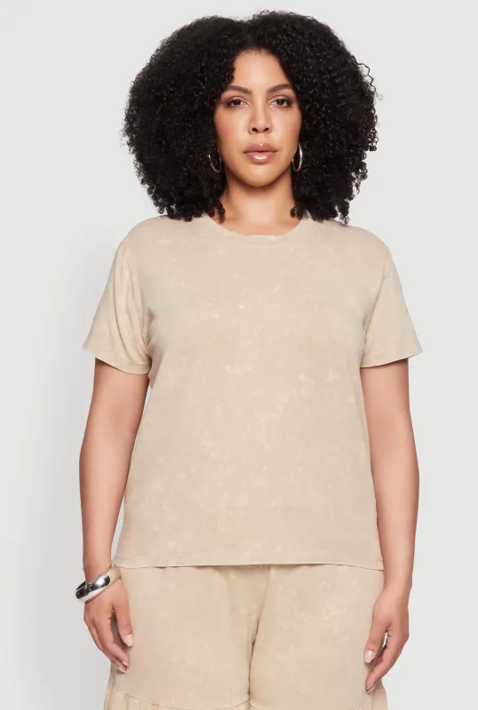 Plus Size Acid Wash Crew Neck Short Sleeve T-Shirt sold by Rainbow