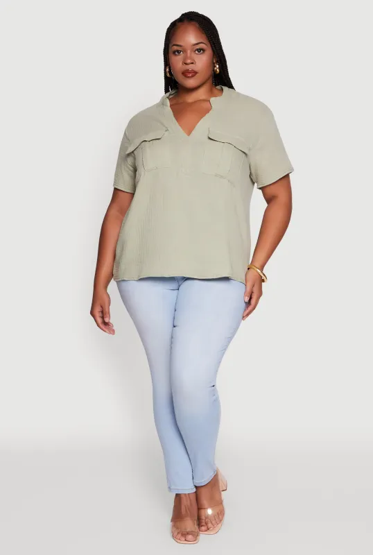 Plus Size Gauze Knit Cargo Pocket Blouse sold by Rainbow