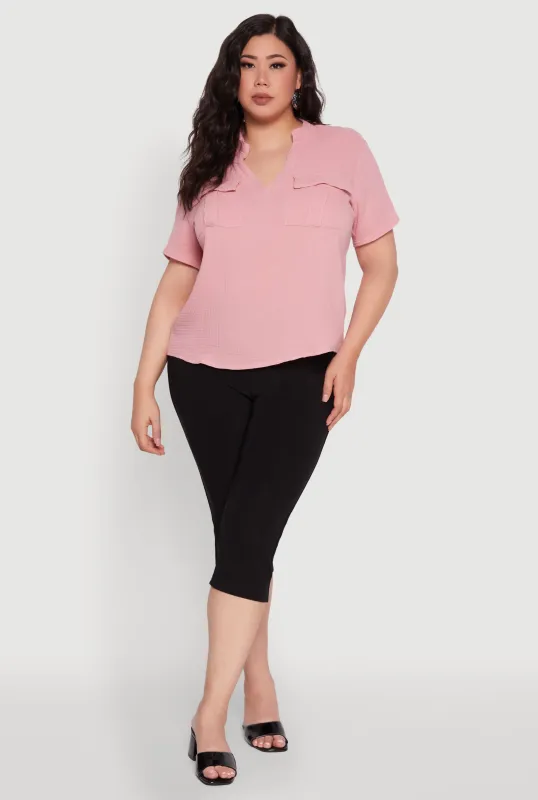 Plus Size Gauze Knit Cargo Pocket Blouse sold by Rainbow