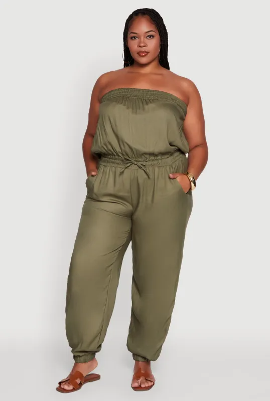 Plus Size Strapless Tube Jumpsuit with Tie Waist sold by Rainbow