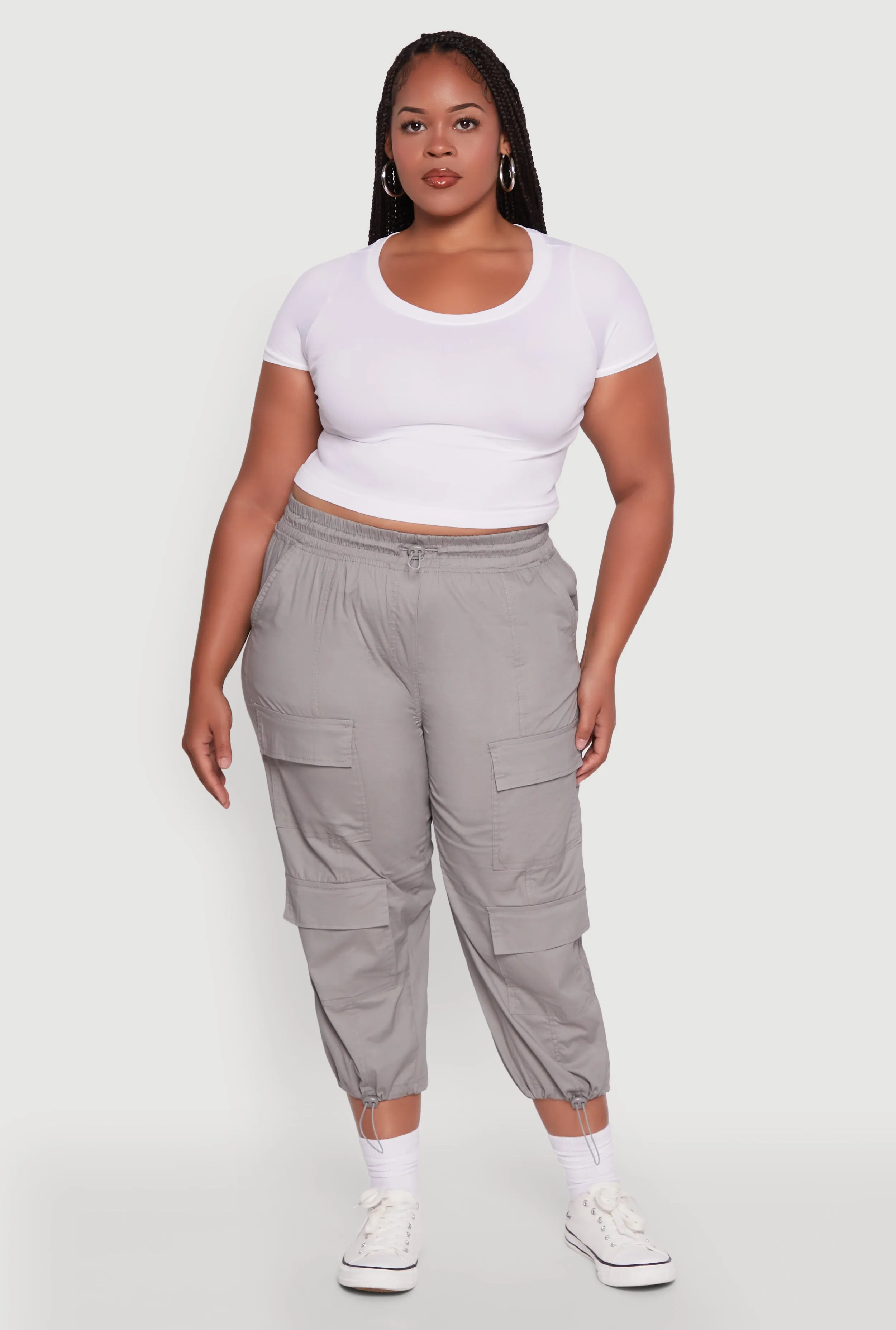 Plus Size Poplin Drawstring Hem Utility Capris sold by Rainbow