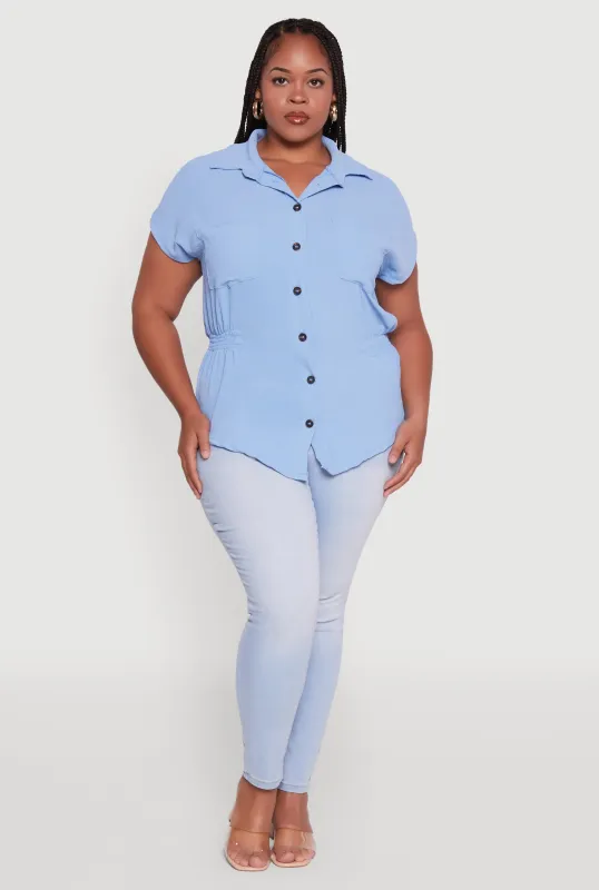 Plus Size Crepe Knit Smocked Side Detail Shirt sold by Rainbow