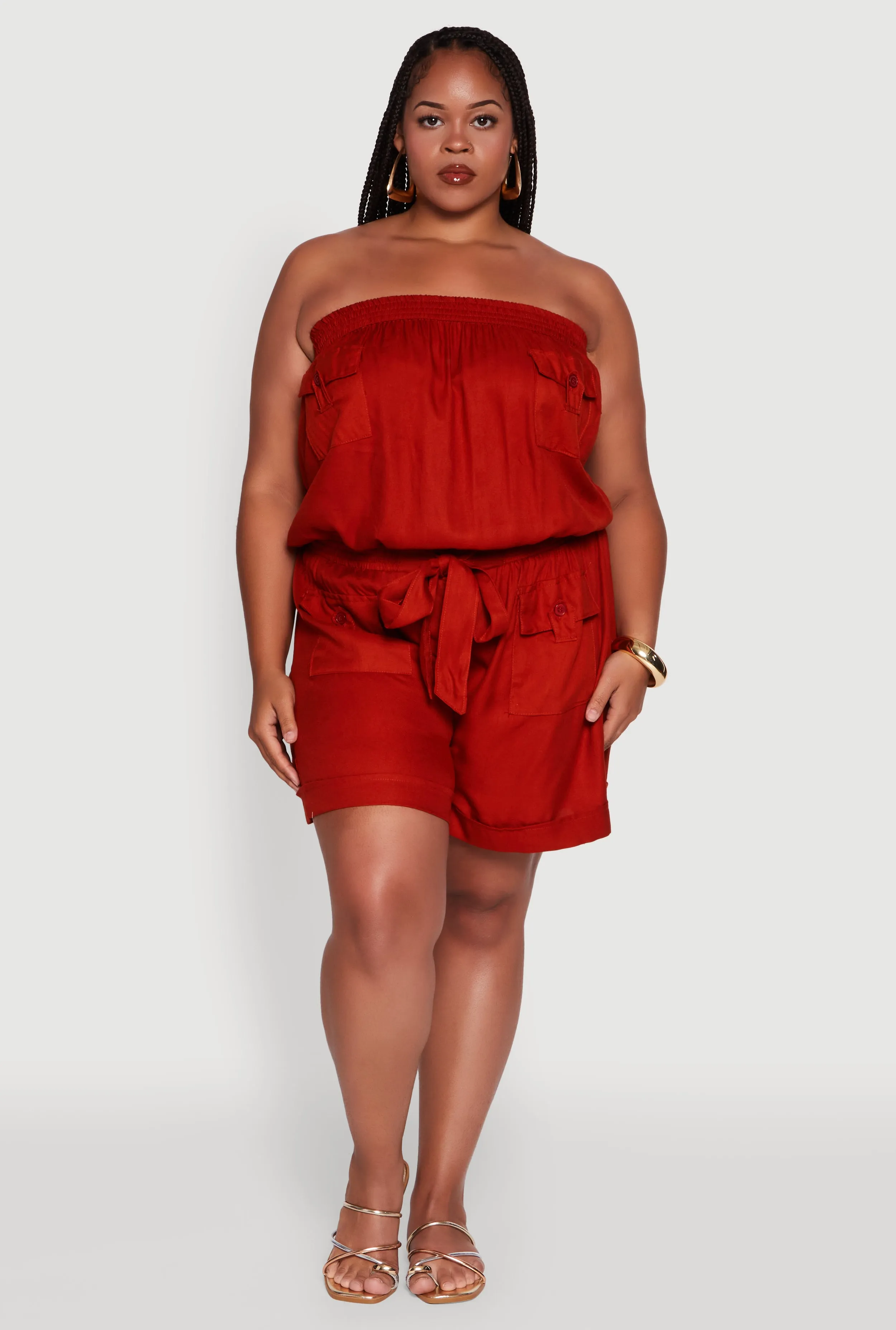 Plus Size Strapless Cargo Pocket Romper sold by Rainbow