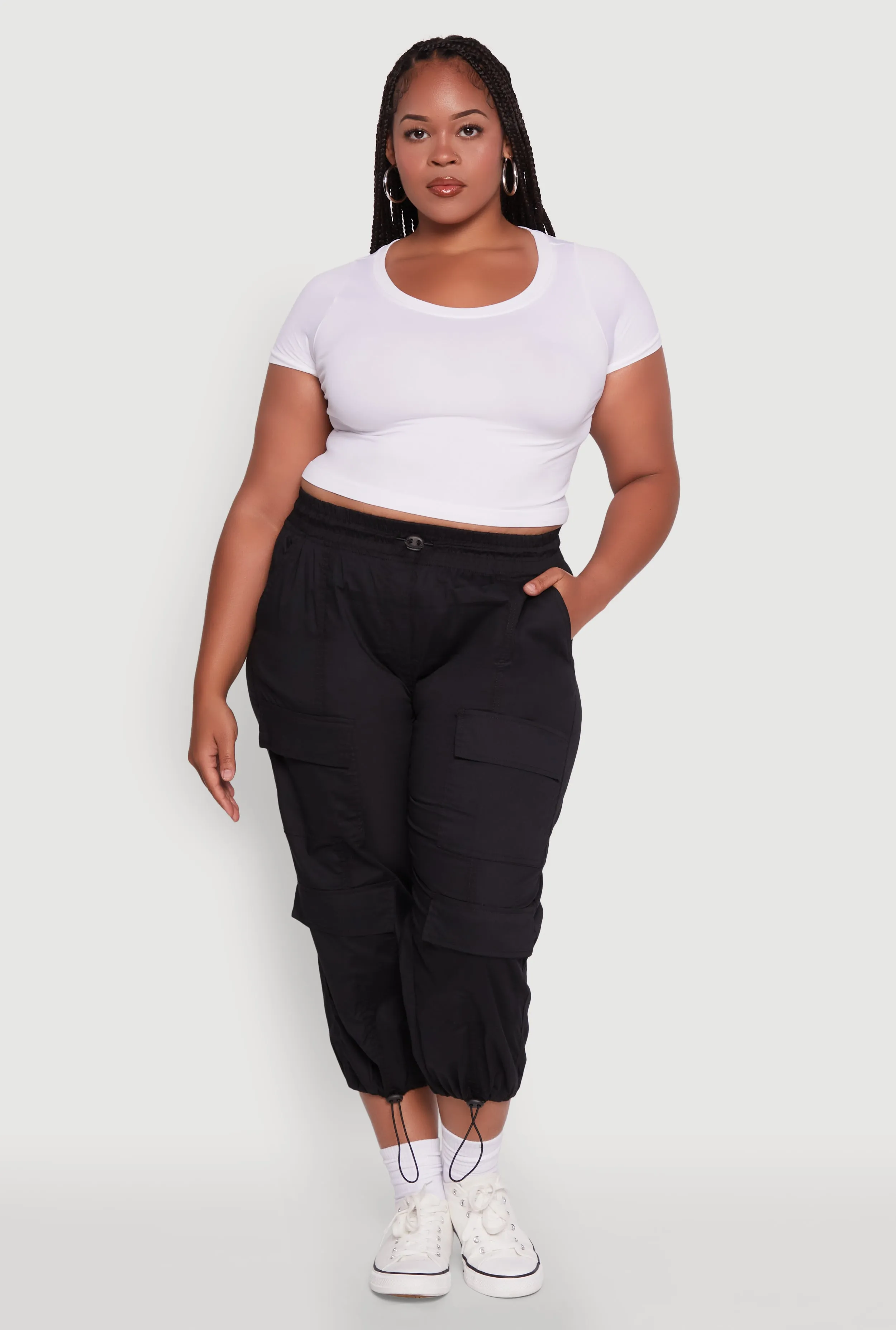 Plus Size Poplin Drawstring Hem Utility Capris sold by Rainbow