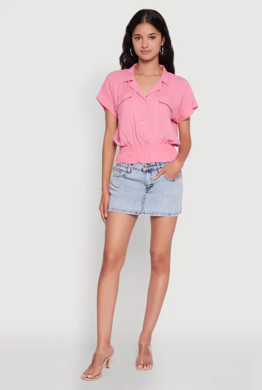 Trendy Button Front Smocked Waist Blouse sold by Rainbow