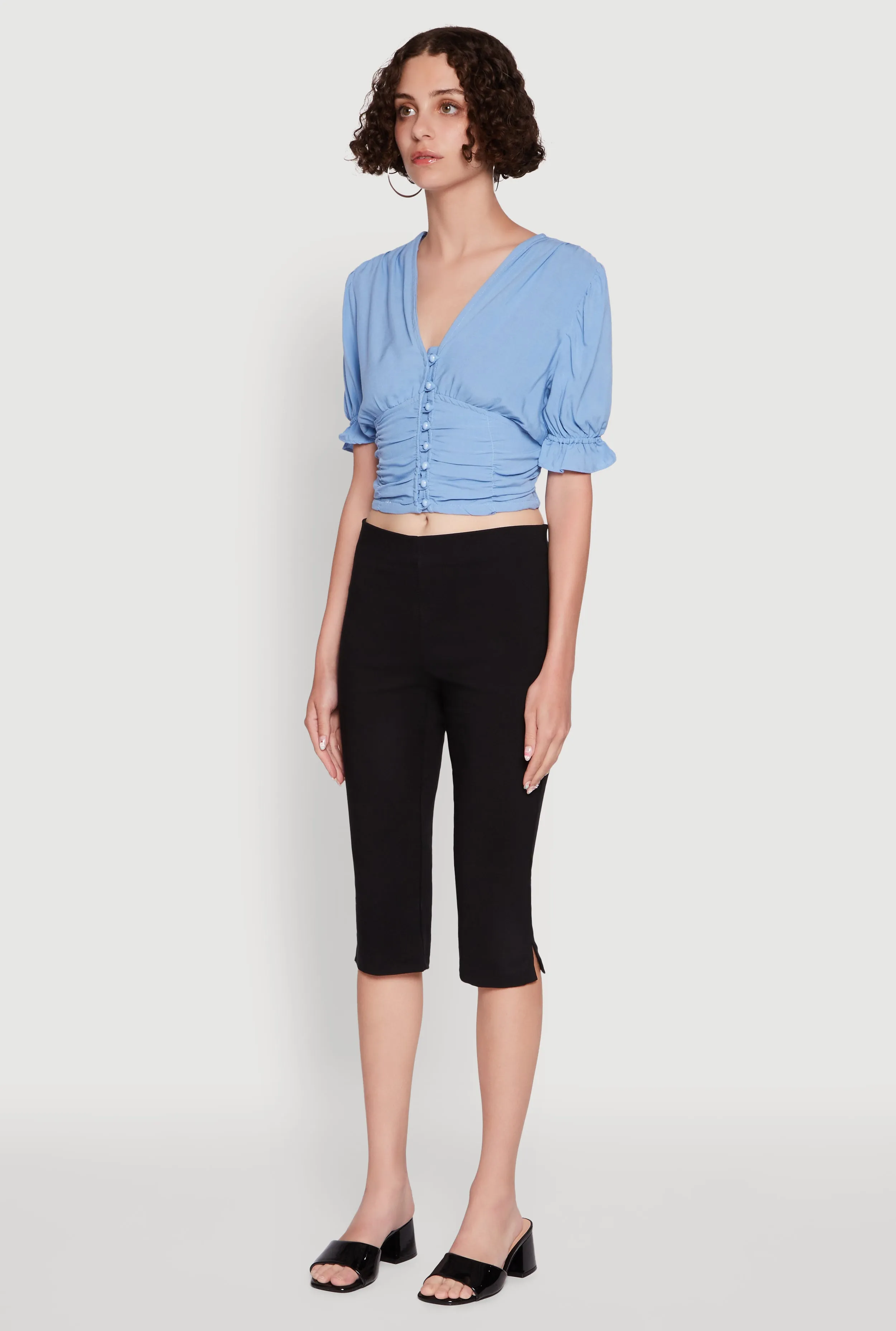 Trendy Puff Sleeve Button Front Peasant Crop Top sold by Rainbow product image thumbnail 5