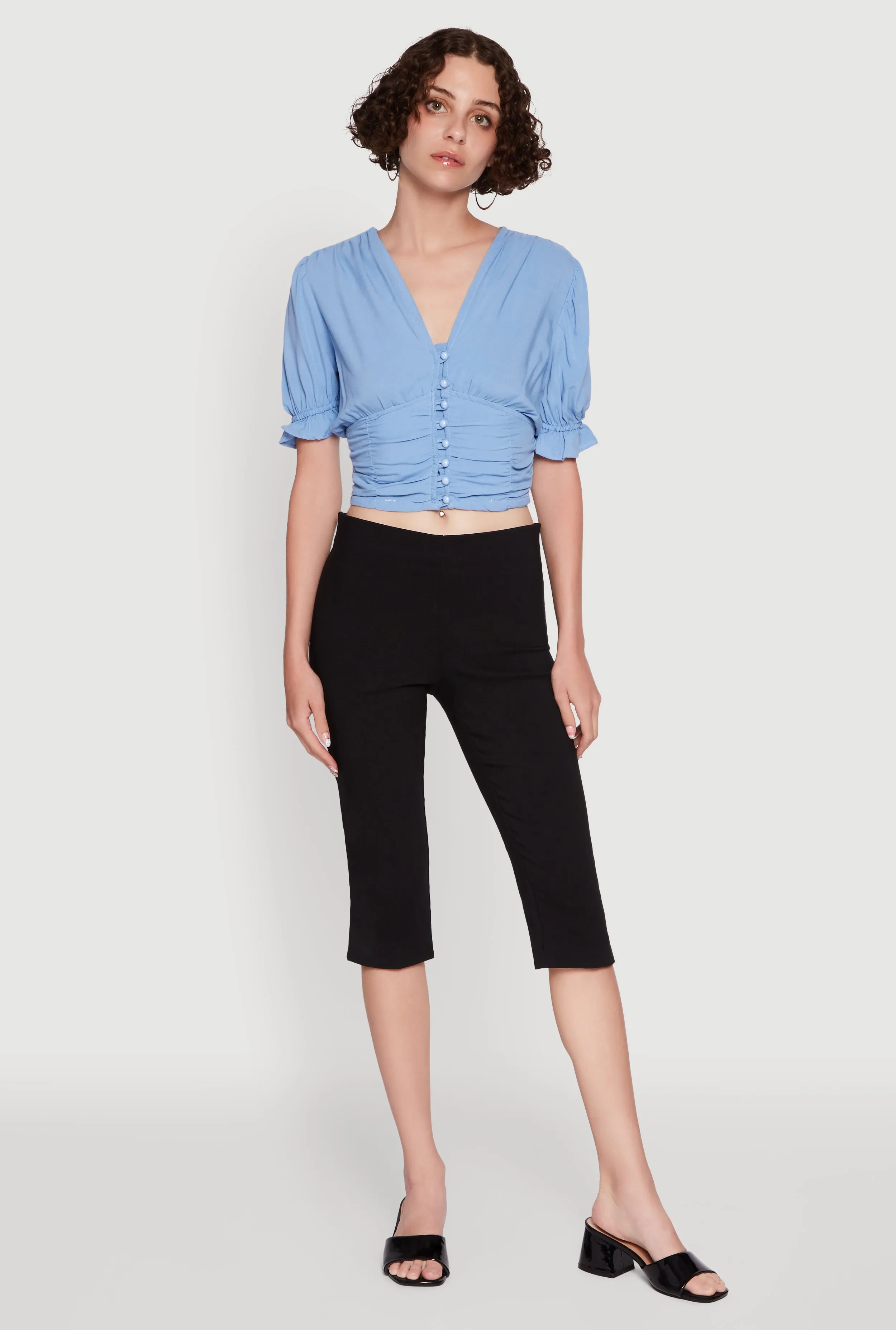 Trendy Puff Sleeve Button Front Peasant Crop Top sold by Rainbow