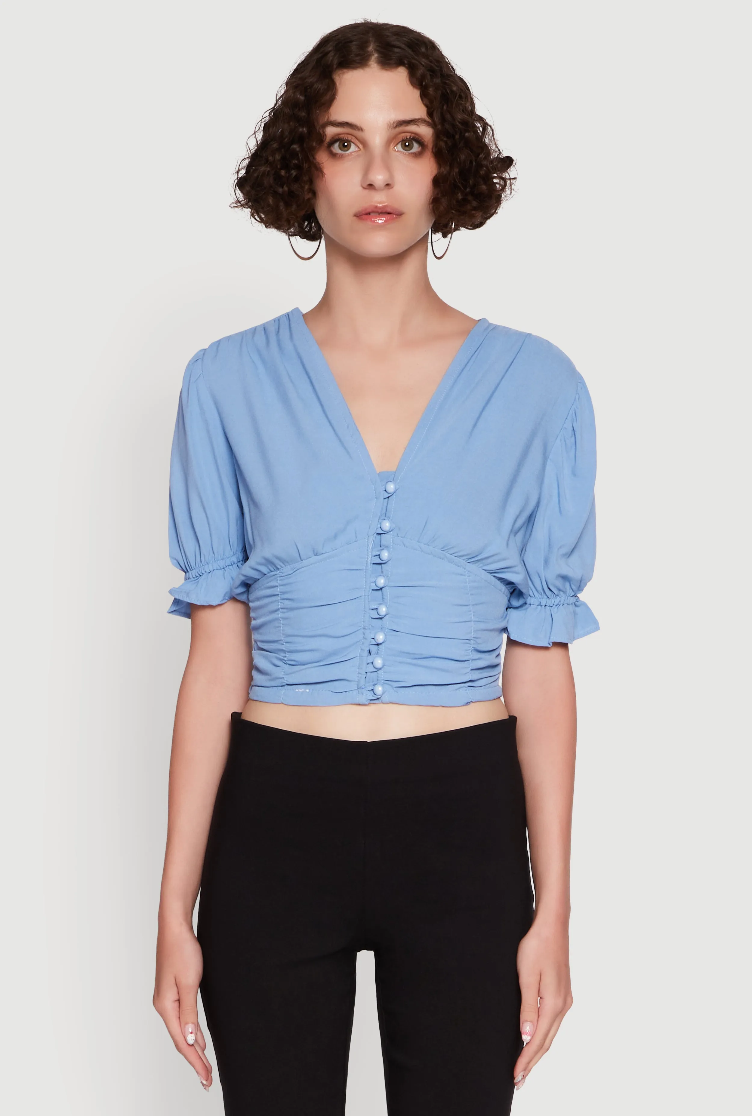 Trendy Puff Sleeve Button Front Peasant Crop Top sold by Rainbow product image thumbnail 2