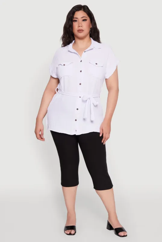 Plus Size Classic Fit Crepe Knit Tie Waist Tunic Shirt sold by Rainbow