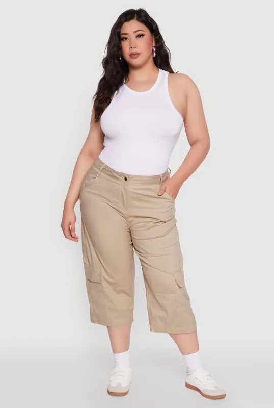 Plus Size Poplin High Waisted Cargo Capris sold by Rainbow