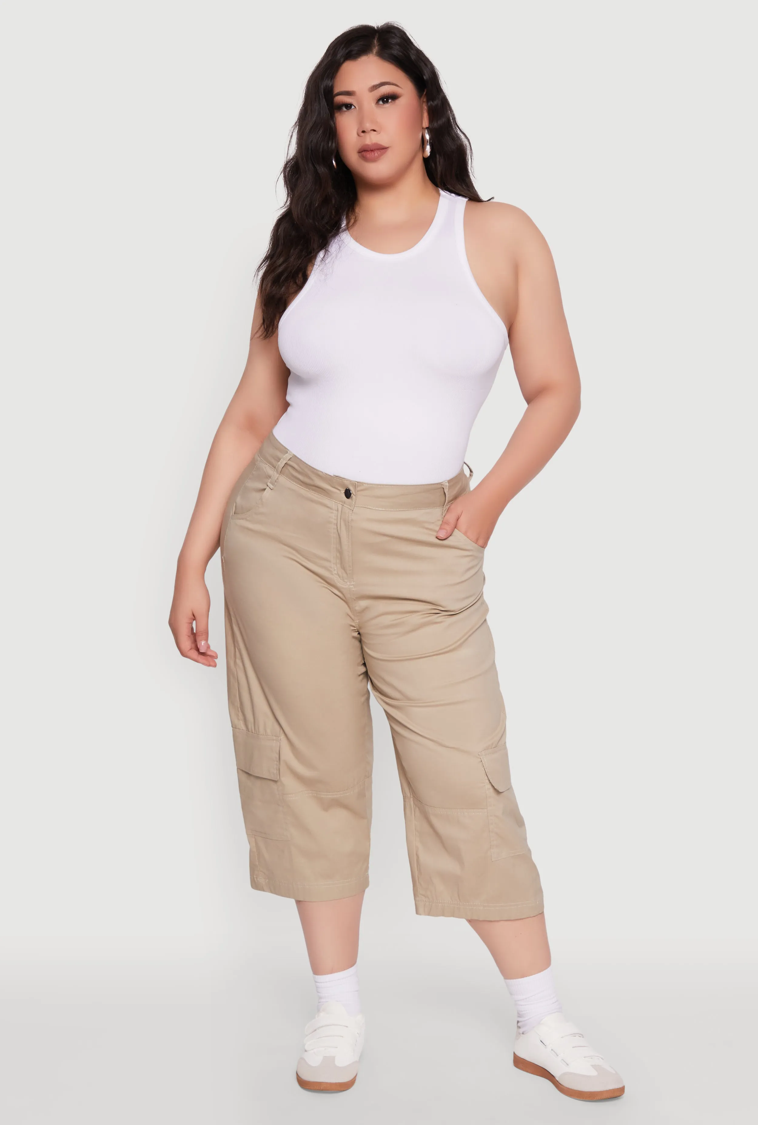 Plus Size Poplin High Waisted Cargo Capris sold by Rainbow