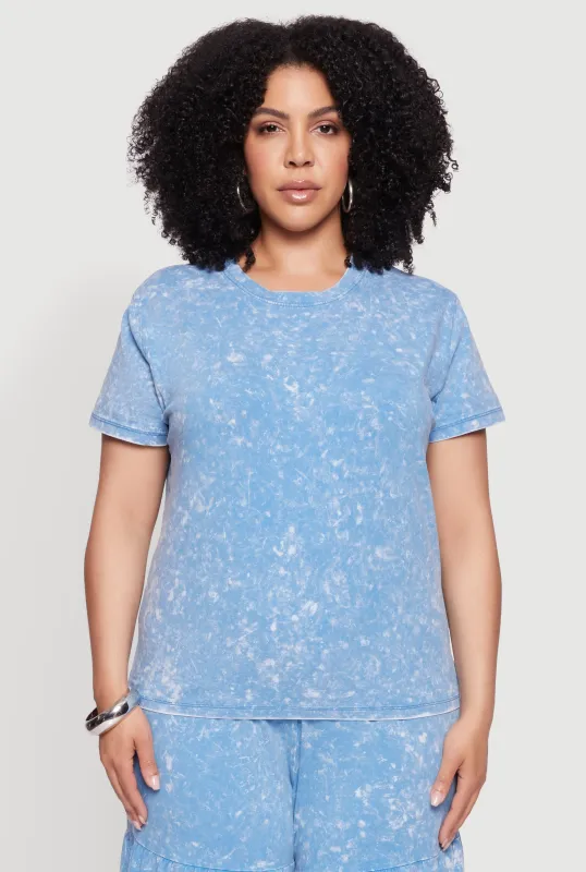 Plus Size Acid Wash Crew Neck Short Sleeve T-Shirt sold by Rainbow