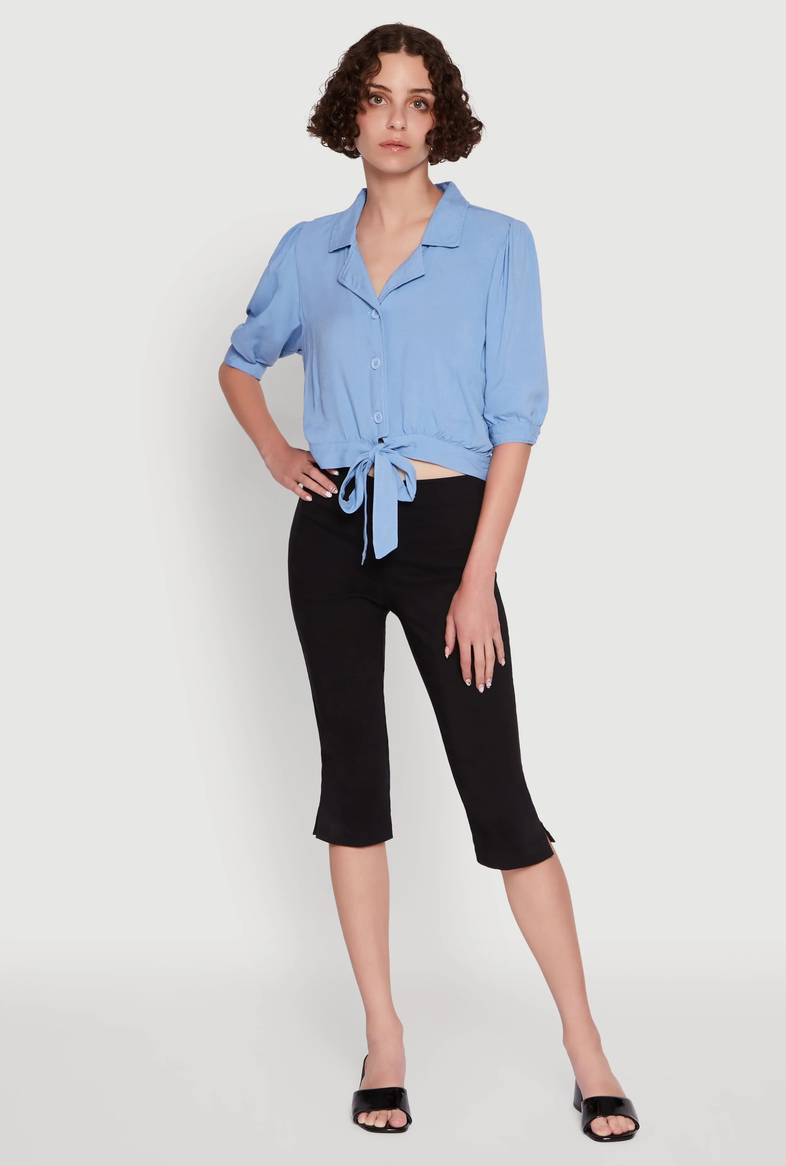 Tie Front Bubble Sleeve Cropped Blouse sold by Rainbow