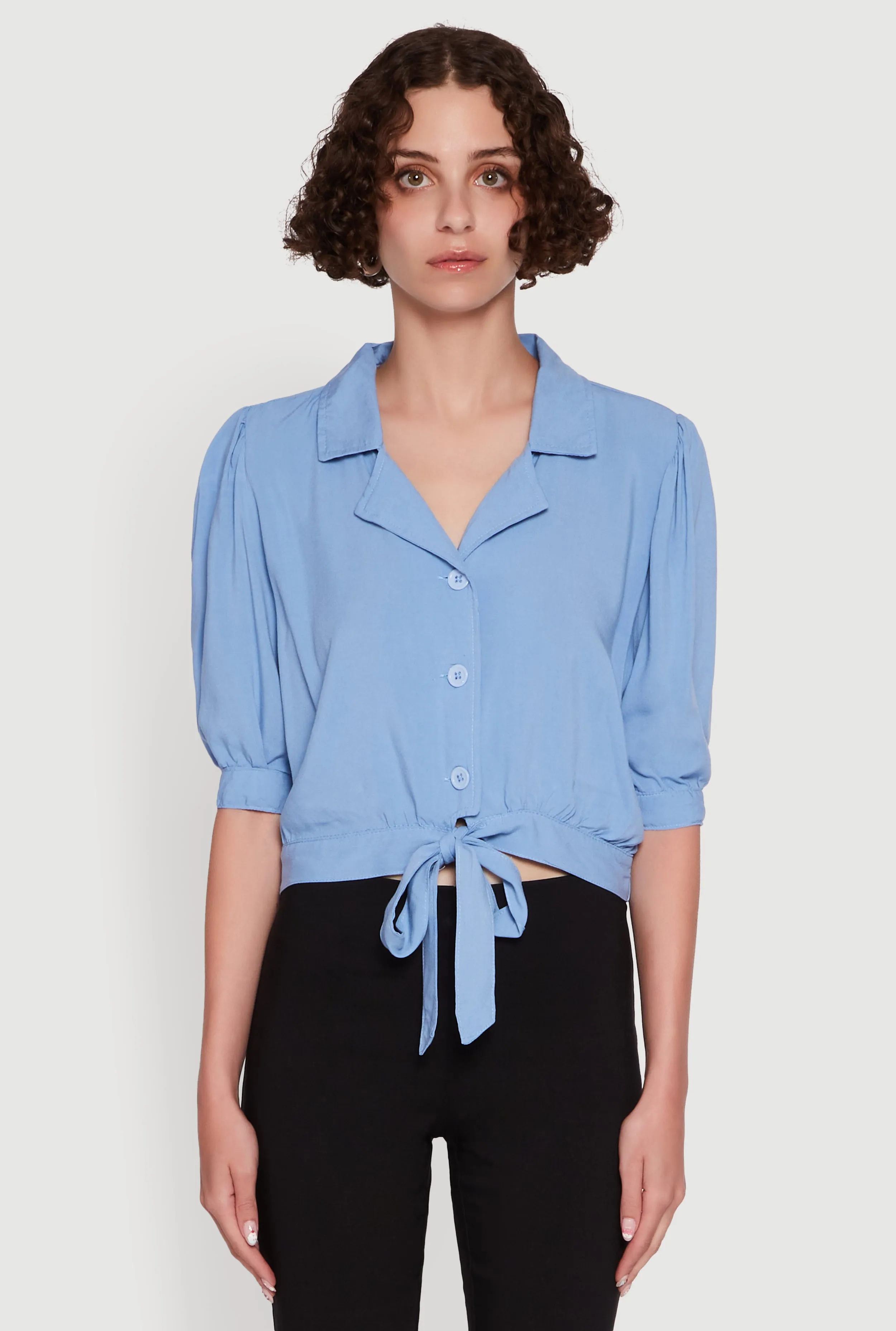 Tie Front Bubble Sleeve Cropped Blouse sold by Rainbow product image thumbnail 2