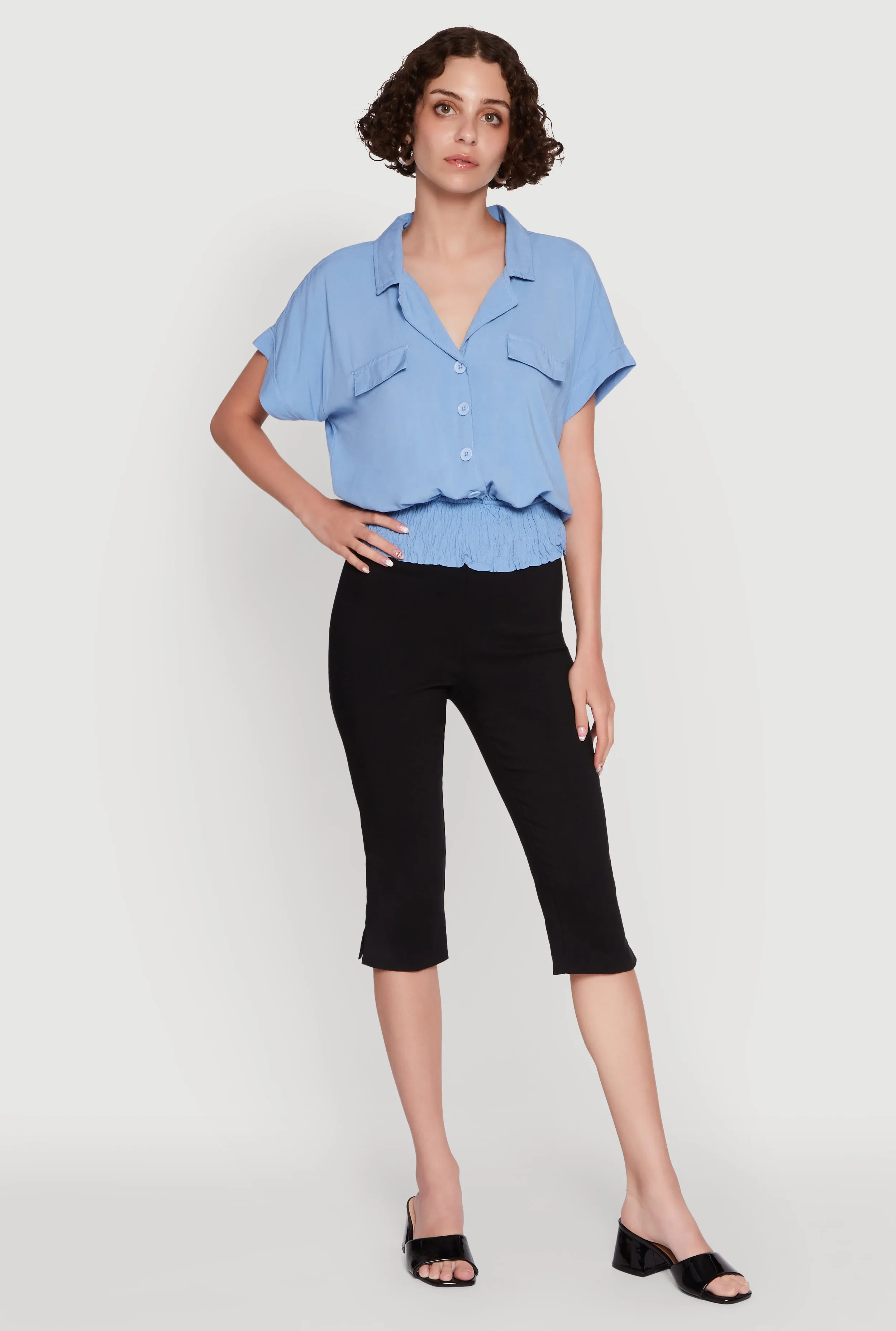 Trendy Button Front Smocked Waist Blouse sold by Rainbow