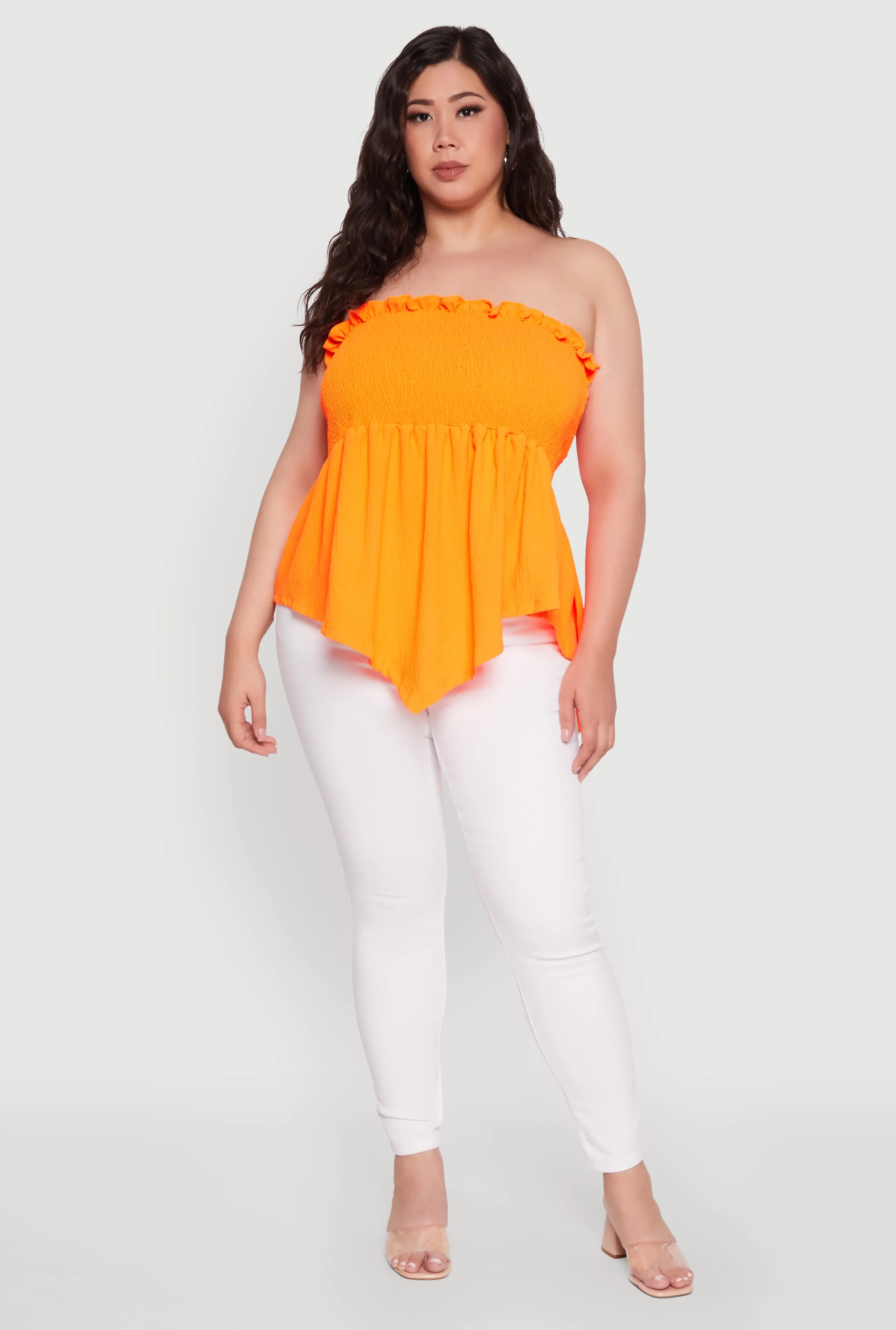 Plus Size Smocked Strapless Peplum Tube Top in Solid Crepe Knit sold by Rainbow