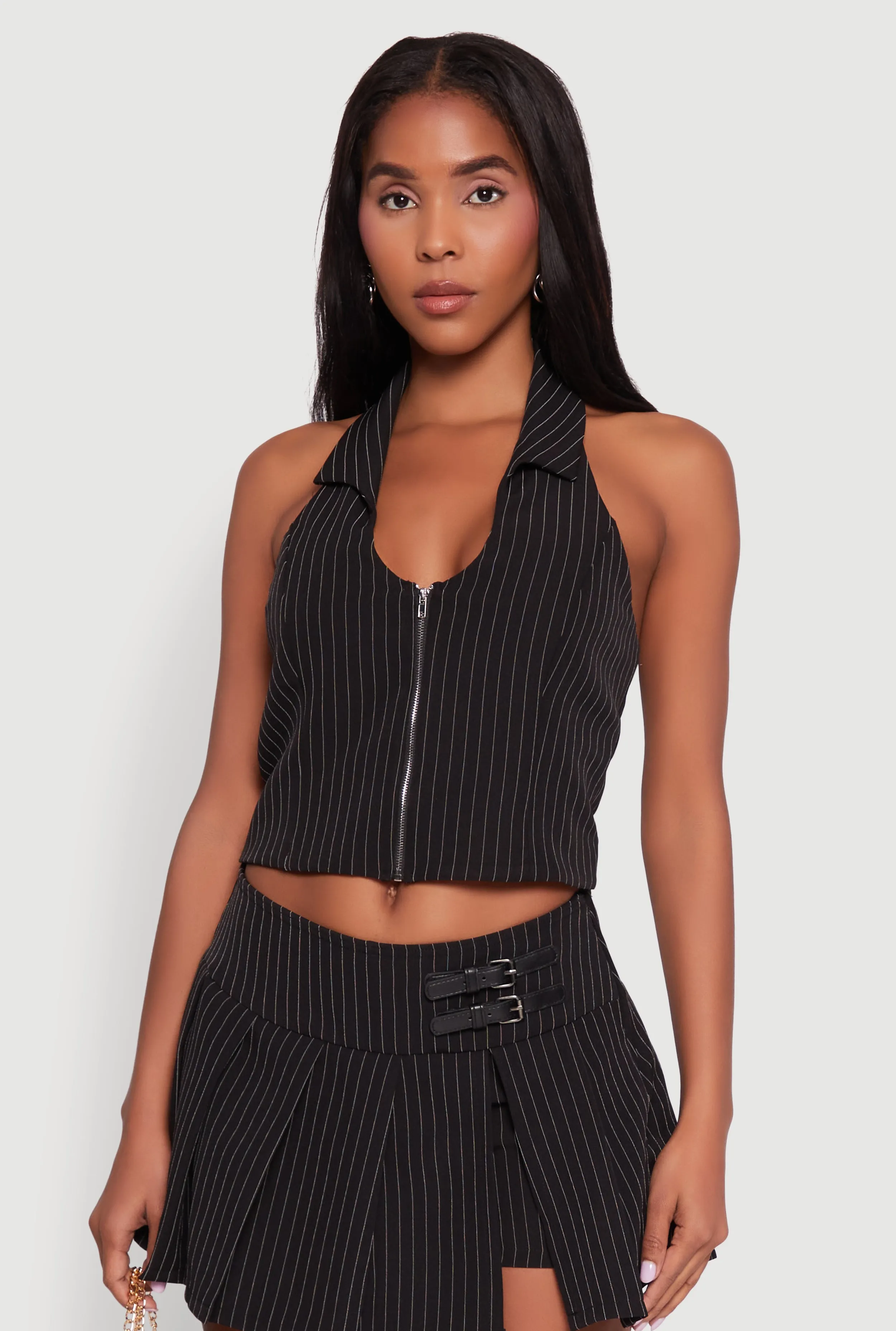 Iris Pinstripe Zip Front Collared Halter Top sold by Rainbow