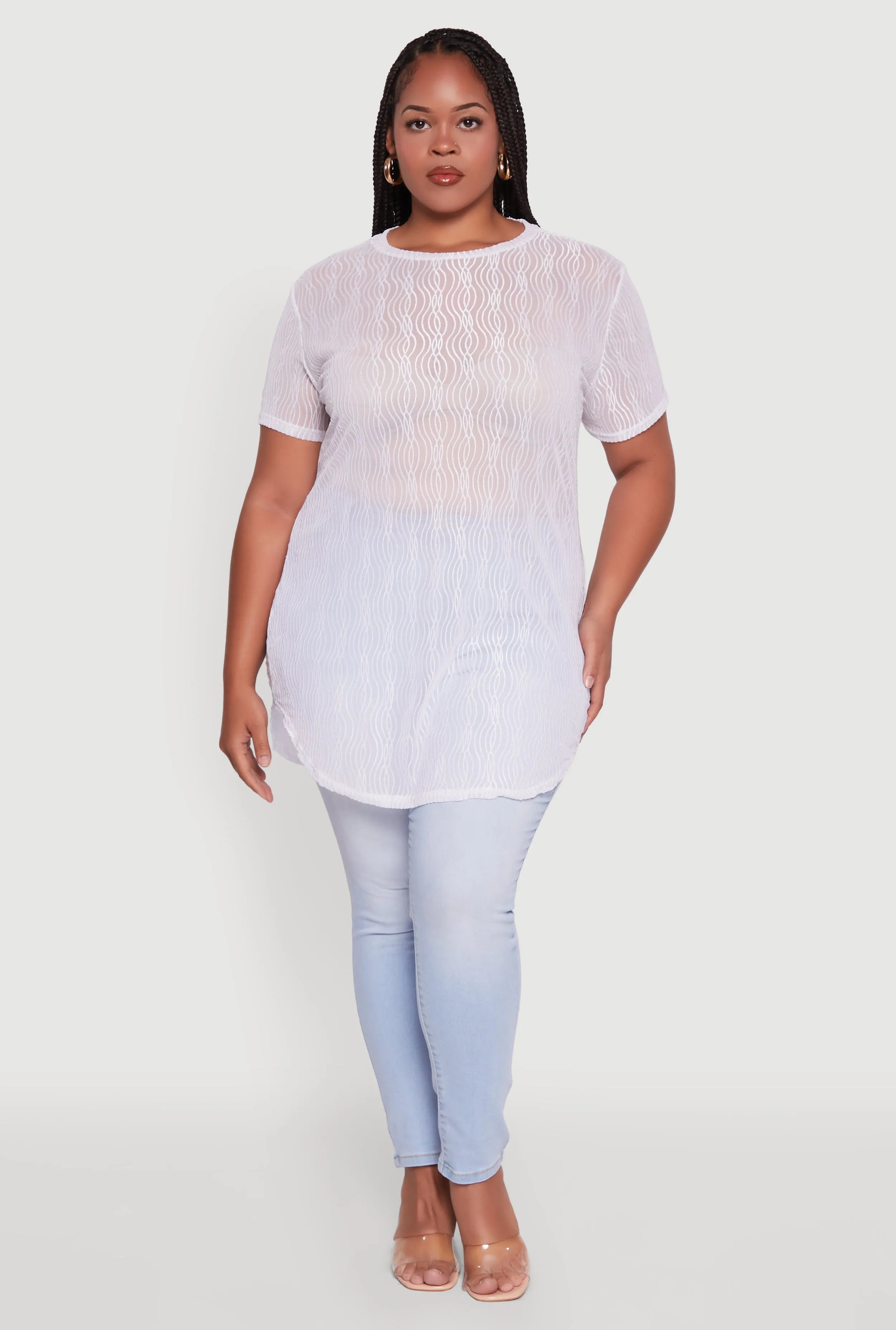 Plus Size Sheer Textured Knit Tunic Top sold by Rainbow