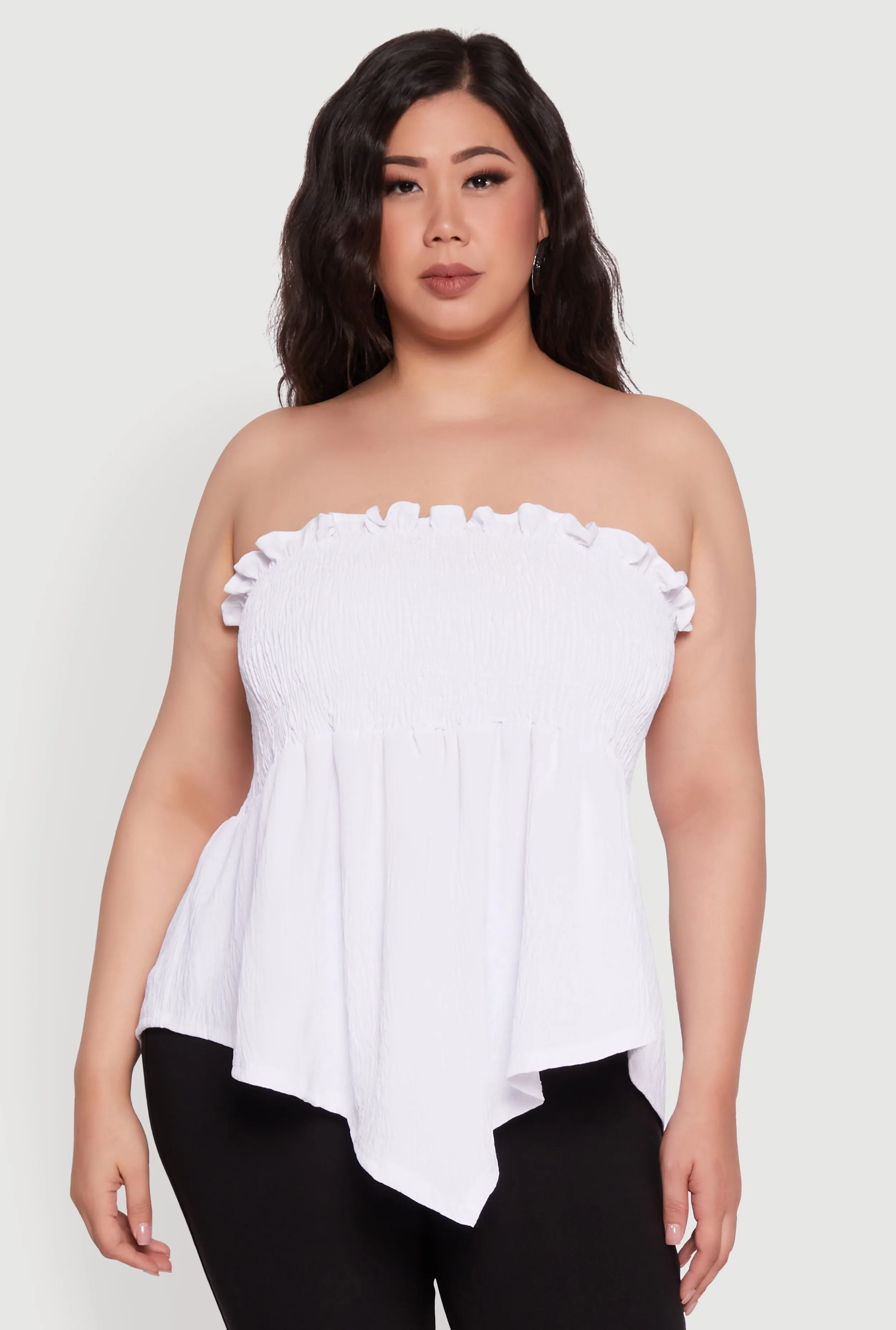 Plus Size Smocked Strapless Peplum Tube Top in Solid Crepe Knit sold by Rainbow product image thumbnail 2