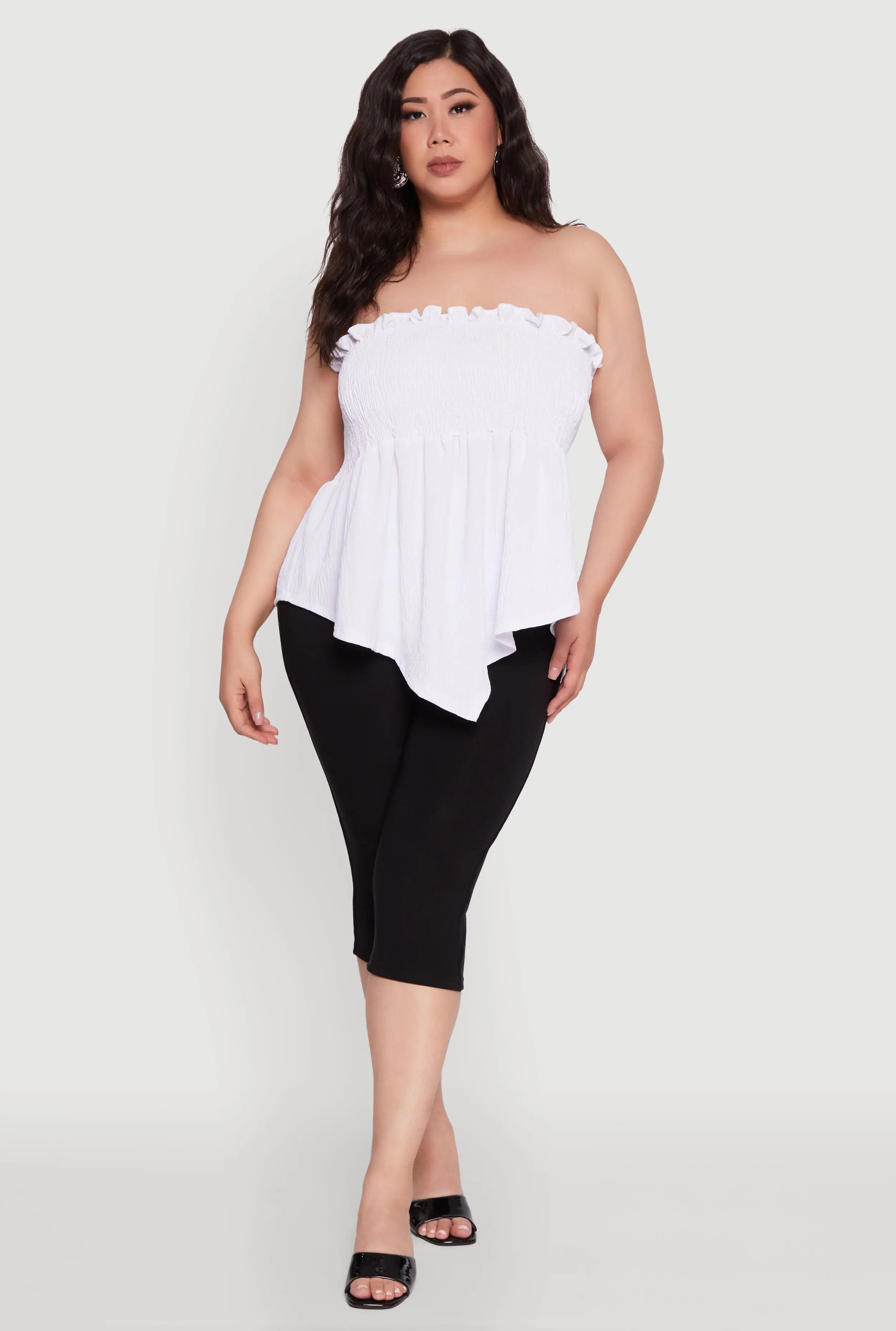 Plus Size Smocked Strapless Peplum Tube Top in Solid Crepe Knit sold by Rainbow