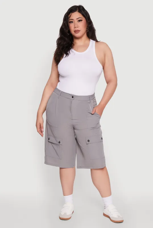 Plus Size High Waisted Solid Nylon Cargo Shorts sold by Rainbow