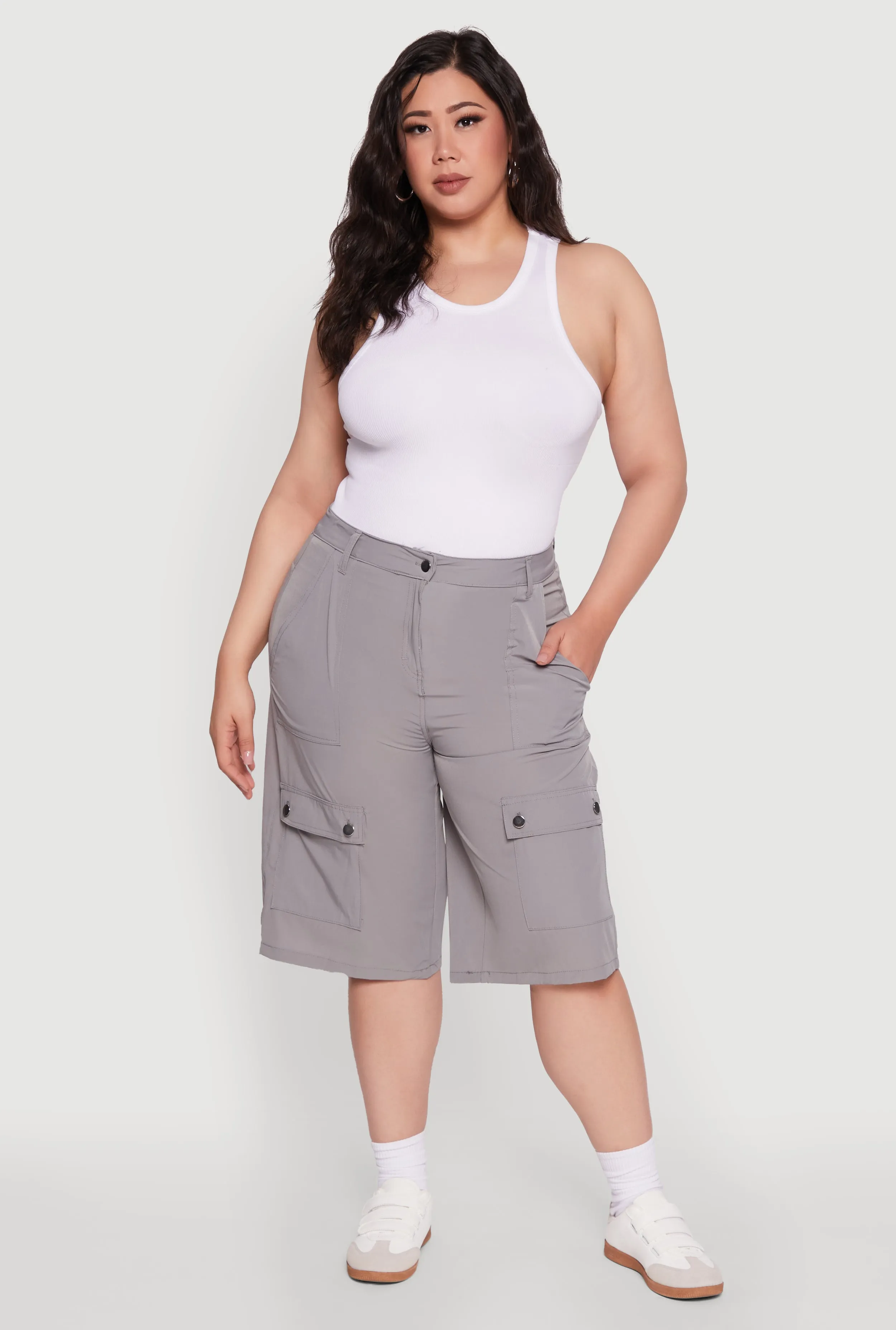 Plus Size High Waisted Solid Nylon Cargo Shorts sold by Rainbow