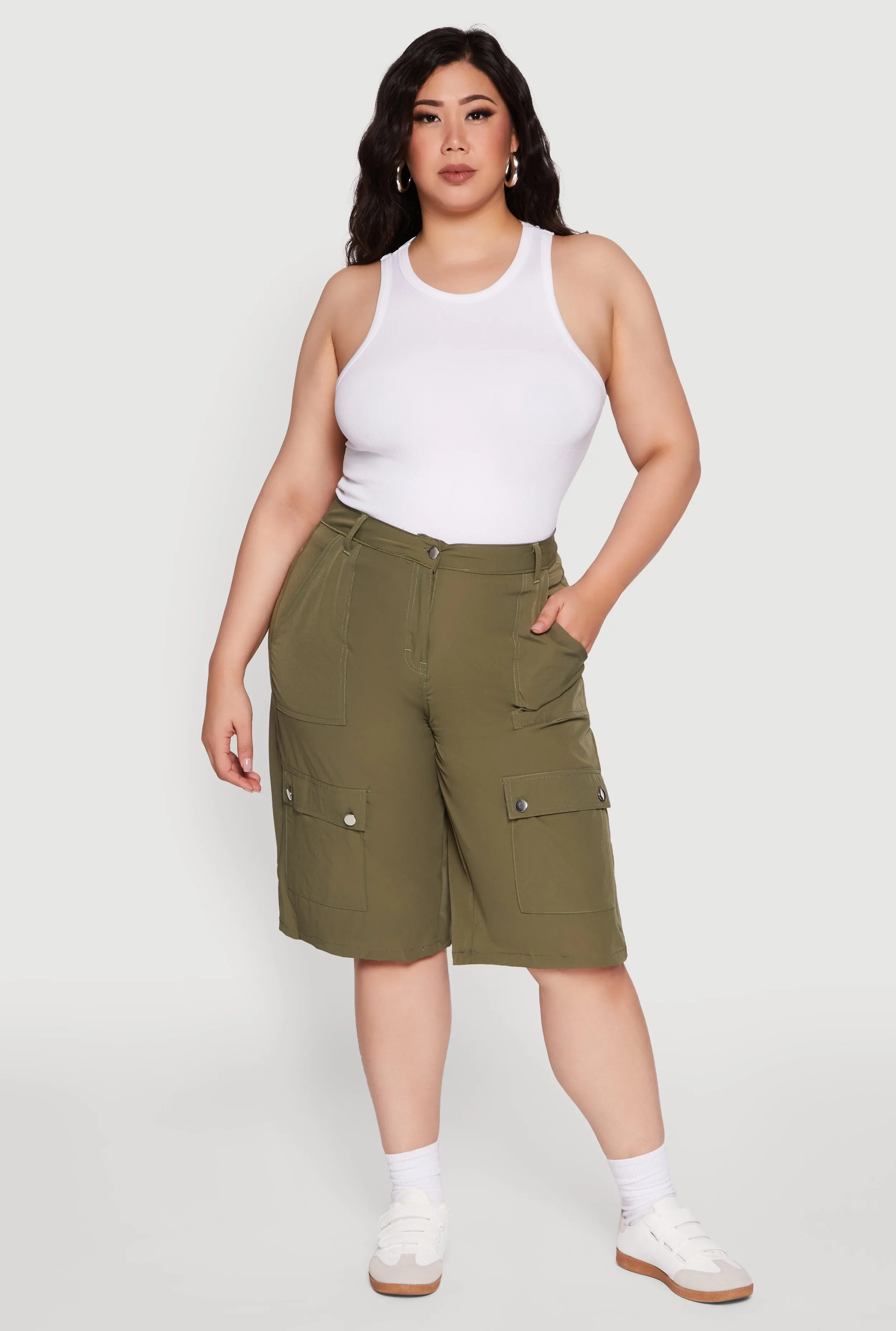 Plus Size High Waisted Solid Nylon Cargo Shorts sold by Rainbow