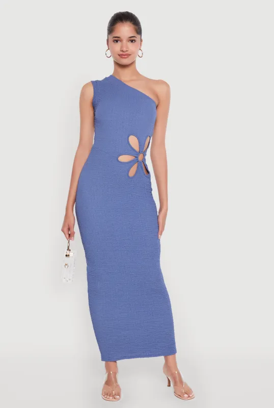 Trendy One Shoulder Flower Cut Out Maxi Dress sold by Rainbow