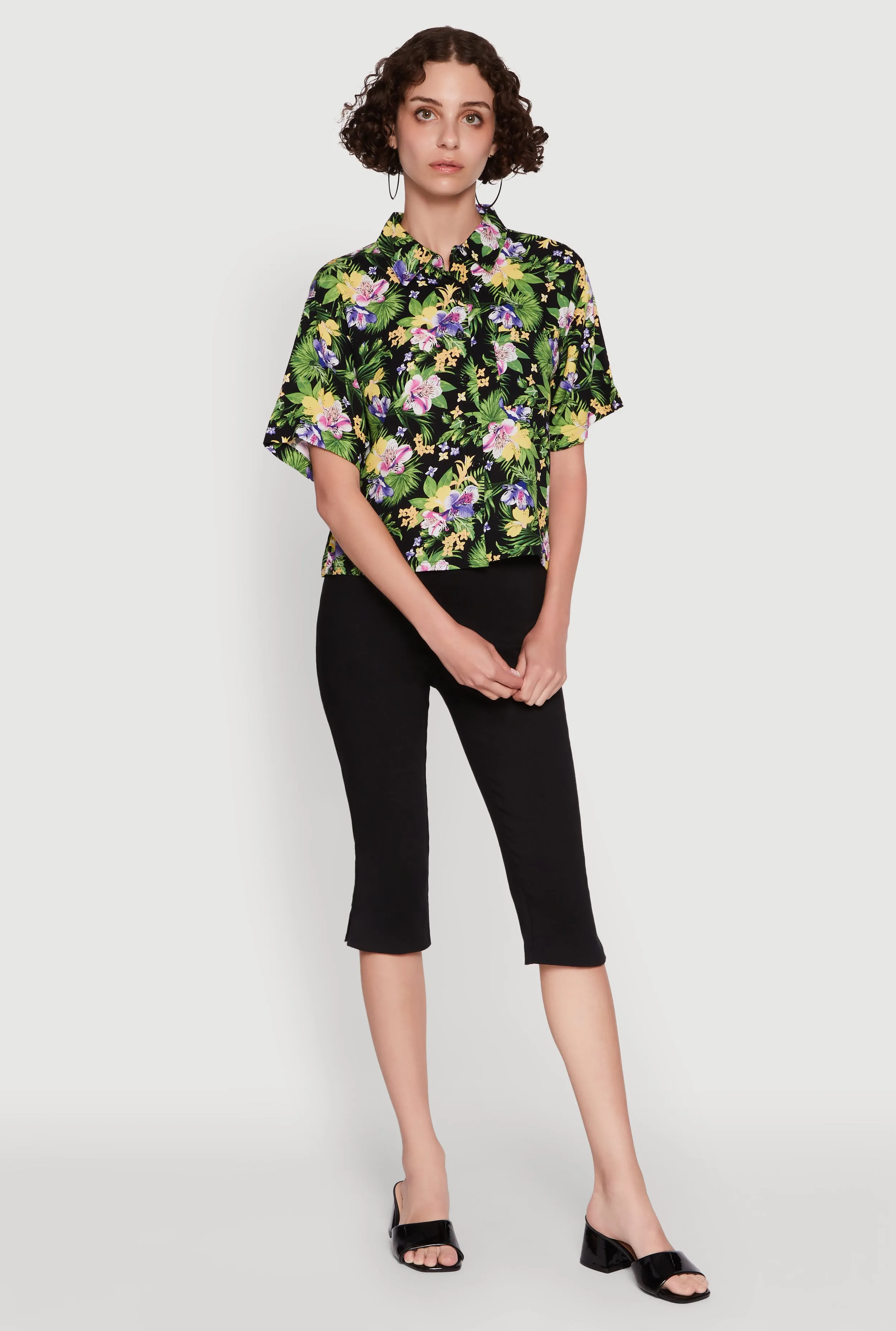 Trendy Tropical Floral Button Front Short Sleeve Shirt sold by Rainbow